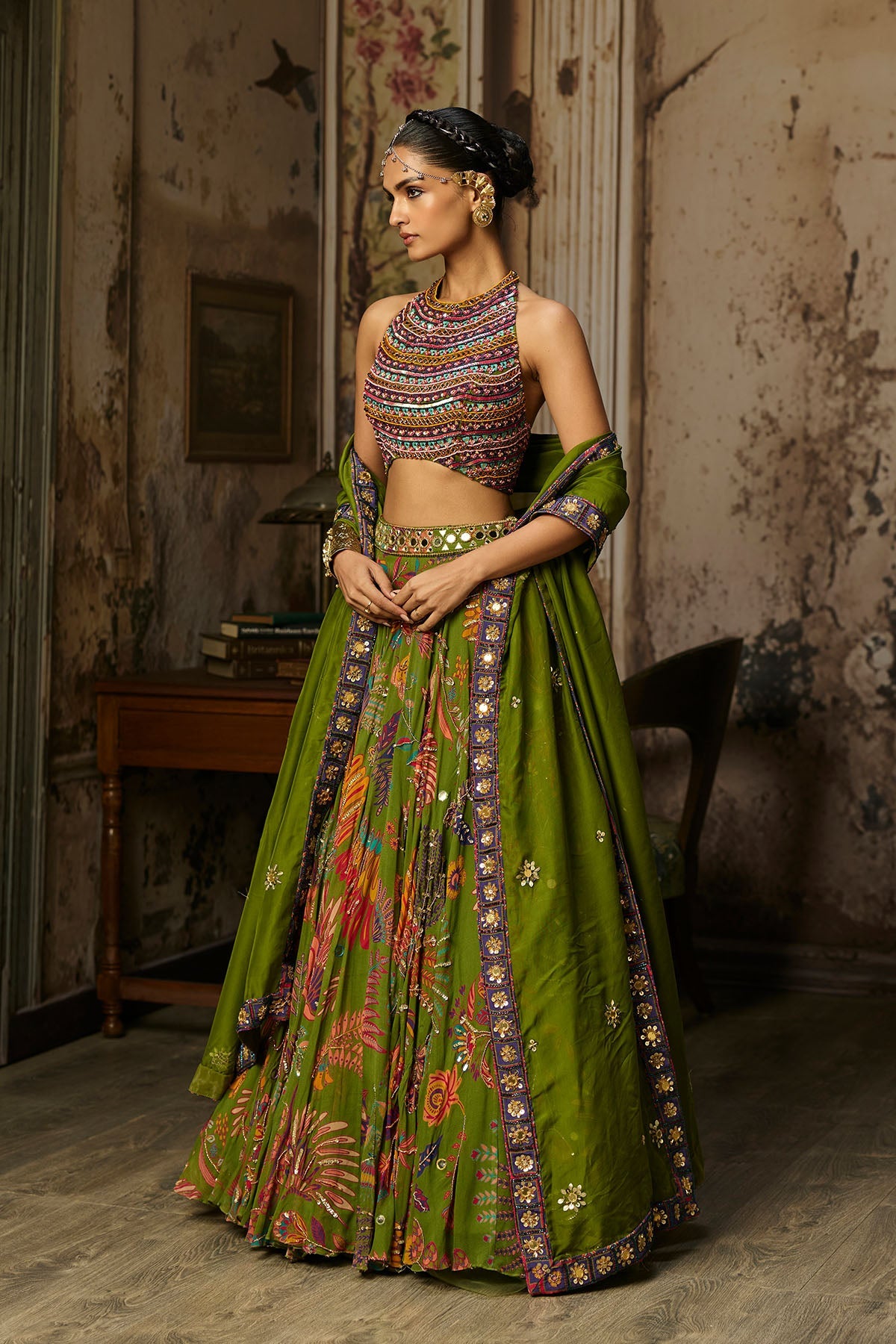 Colorful Embroidered Blouse With Pear Green Lehenga Set