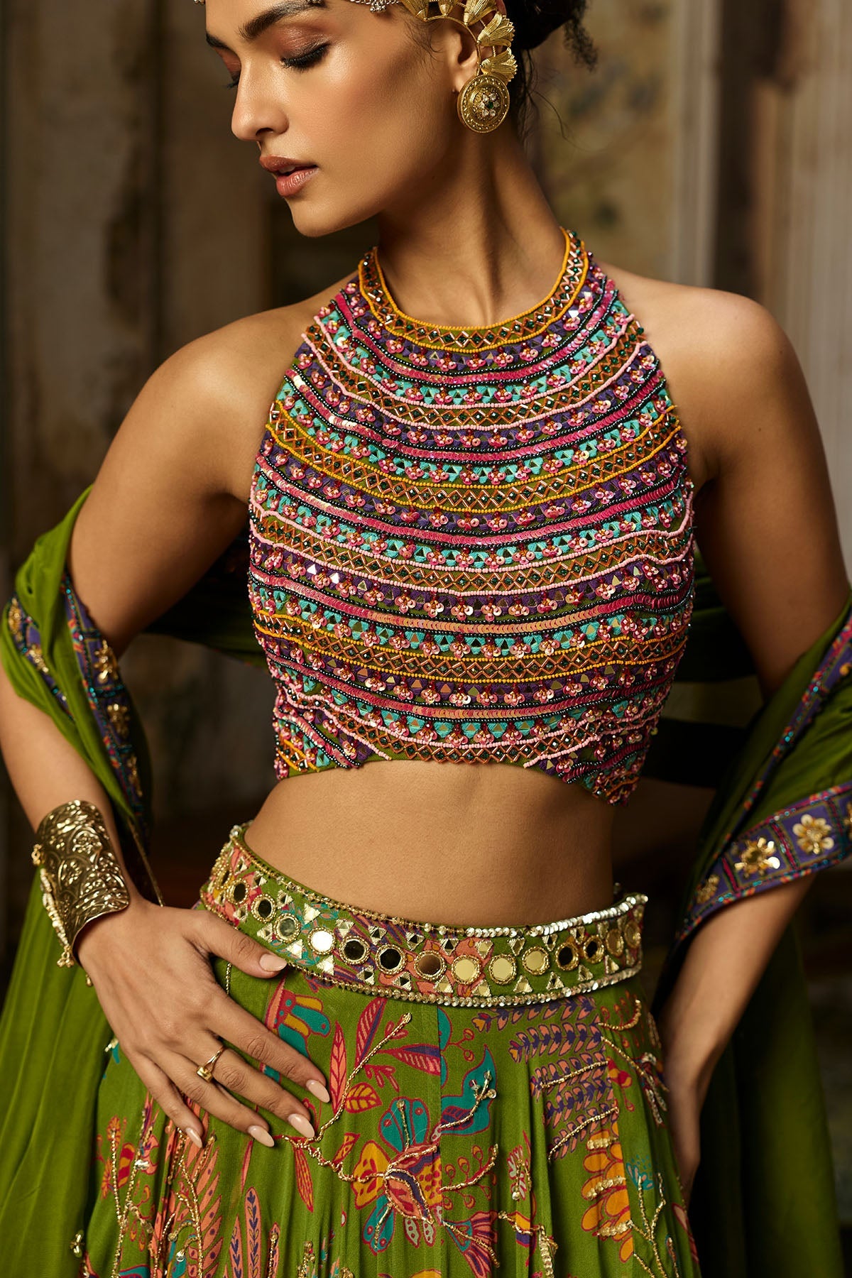 Colorful Embroidered Blouse With Pear Green Lehenga Set