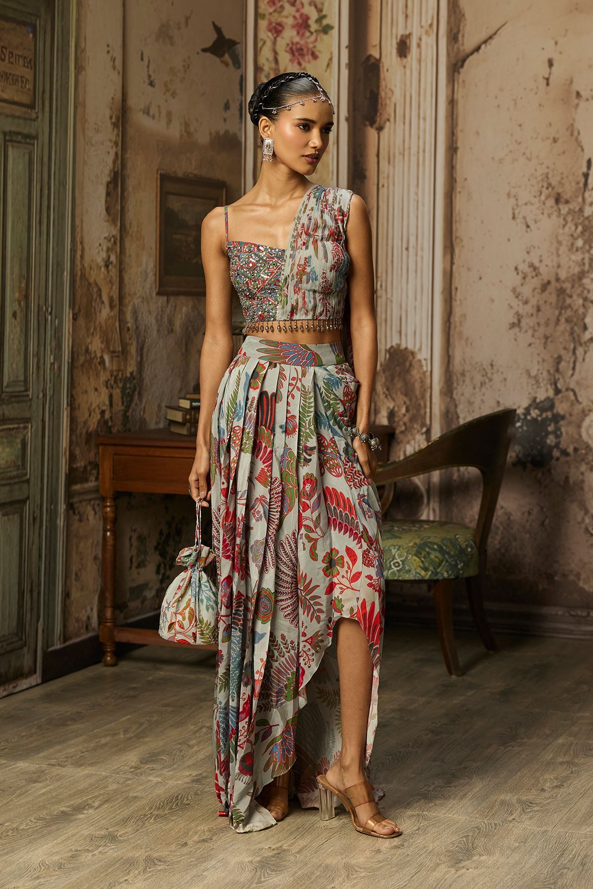 Slate Grey Printed Drape Asymmetric Crop Top And Skirt Set