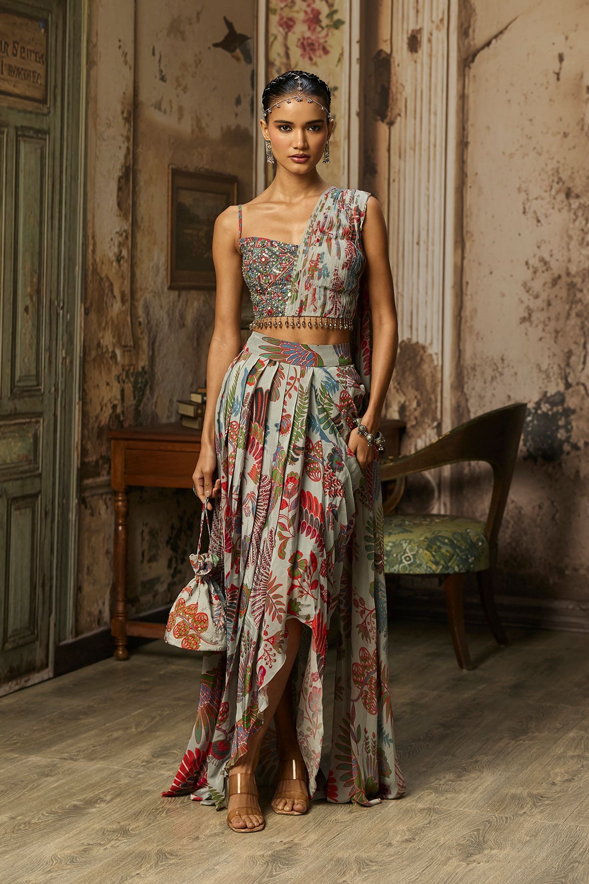 Slate Grey Printed Drape Asymmetric Crop Top And Skirt Set