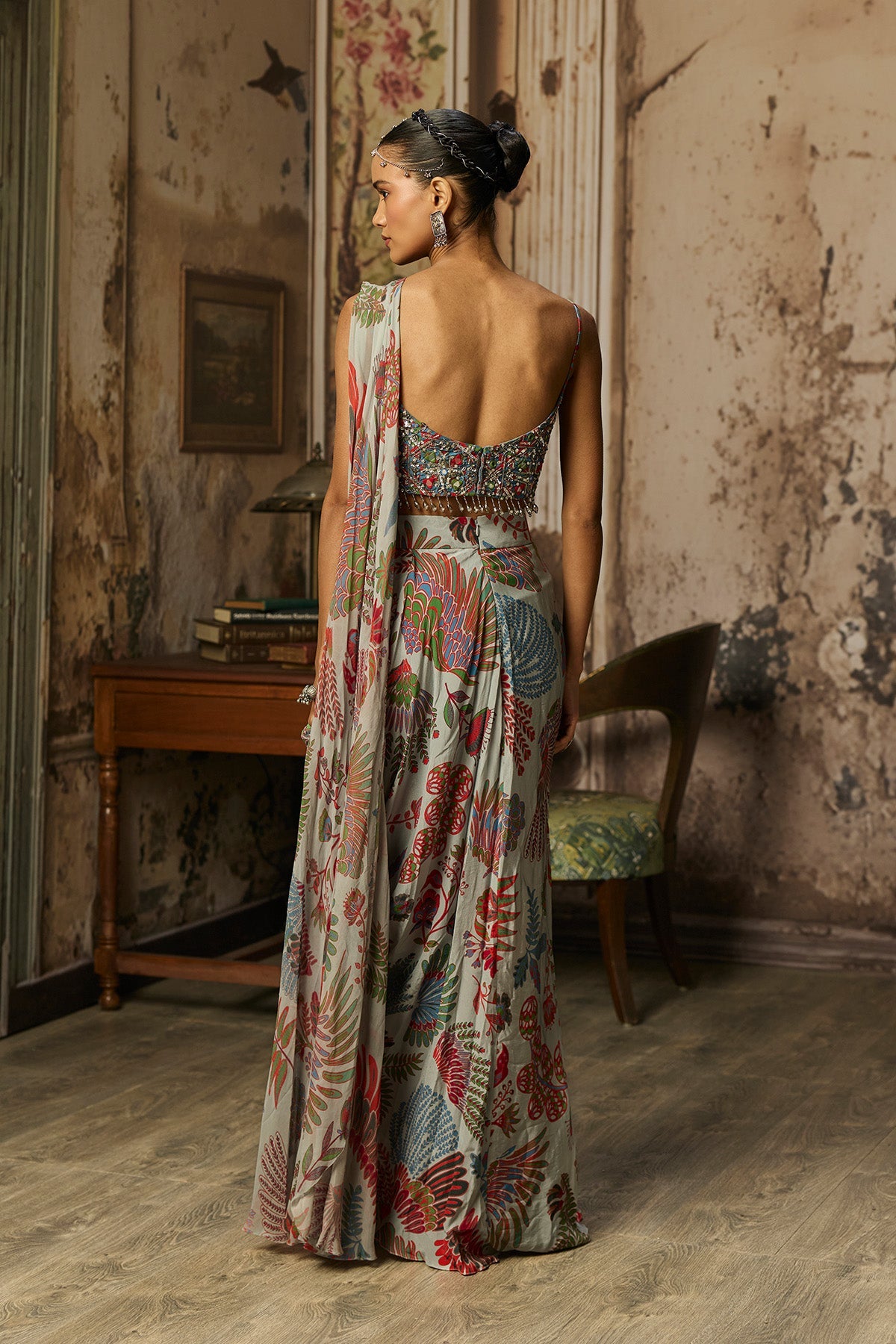 Slate Grey Printed Drape Asymmetric Crop Top And Skirt Set