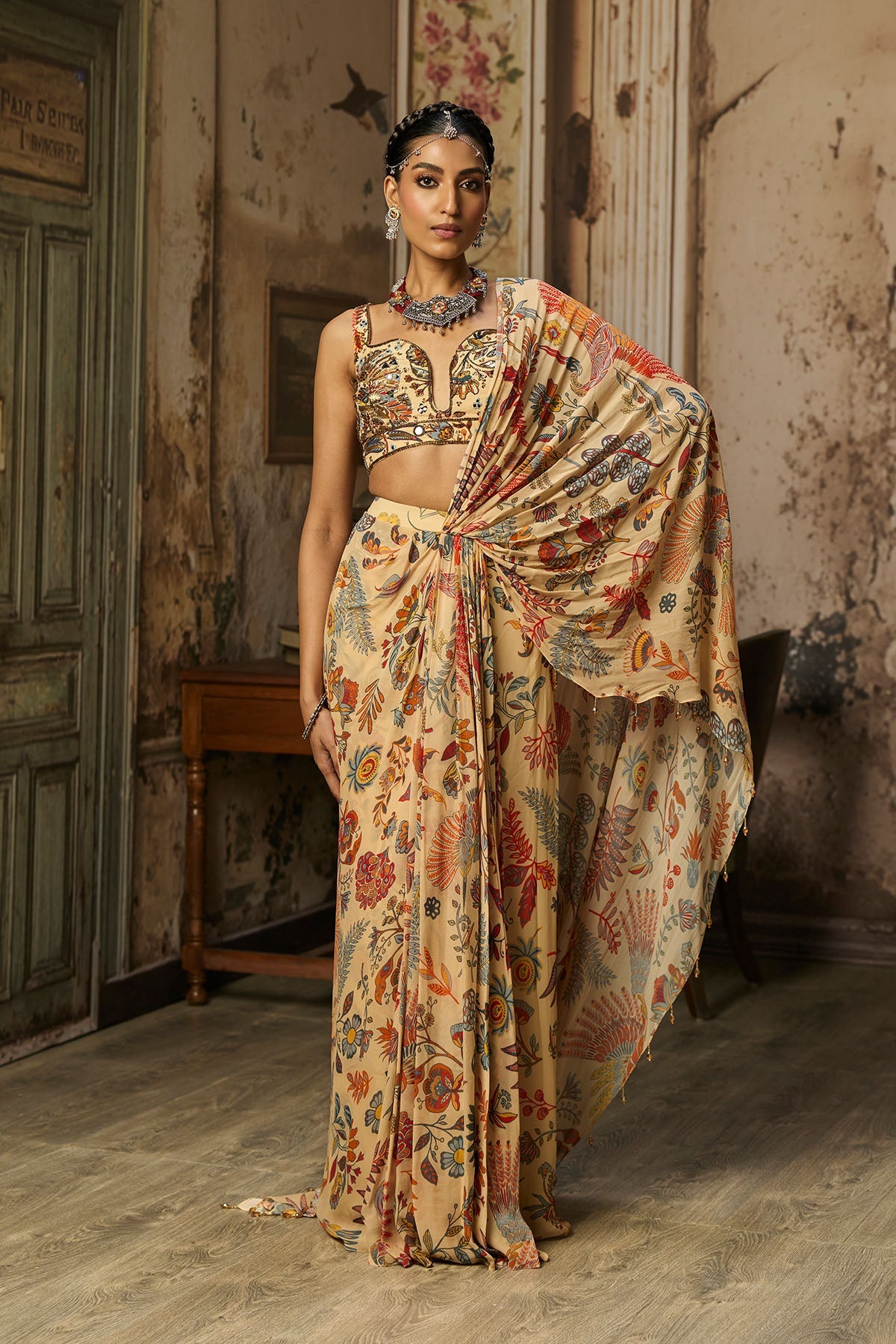 Beige Printed And Highlighted Blouse Skirt Saree Set
