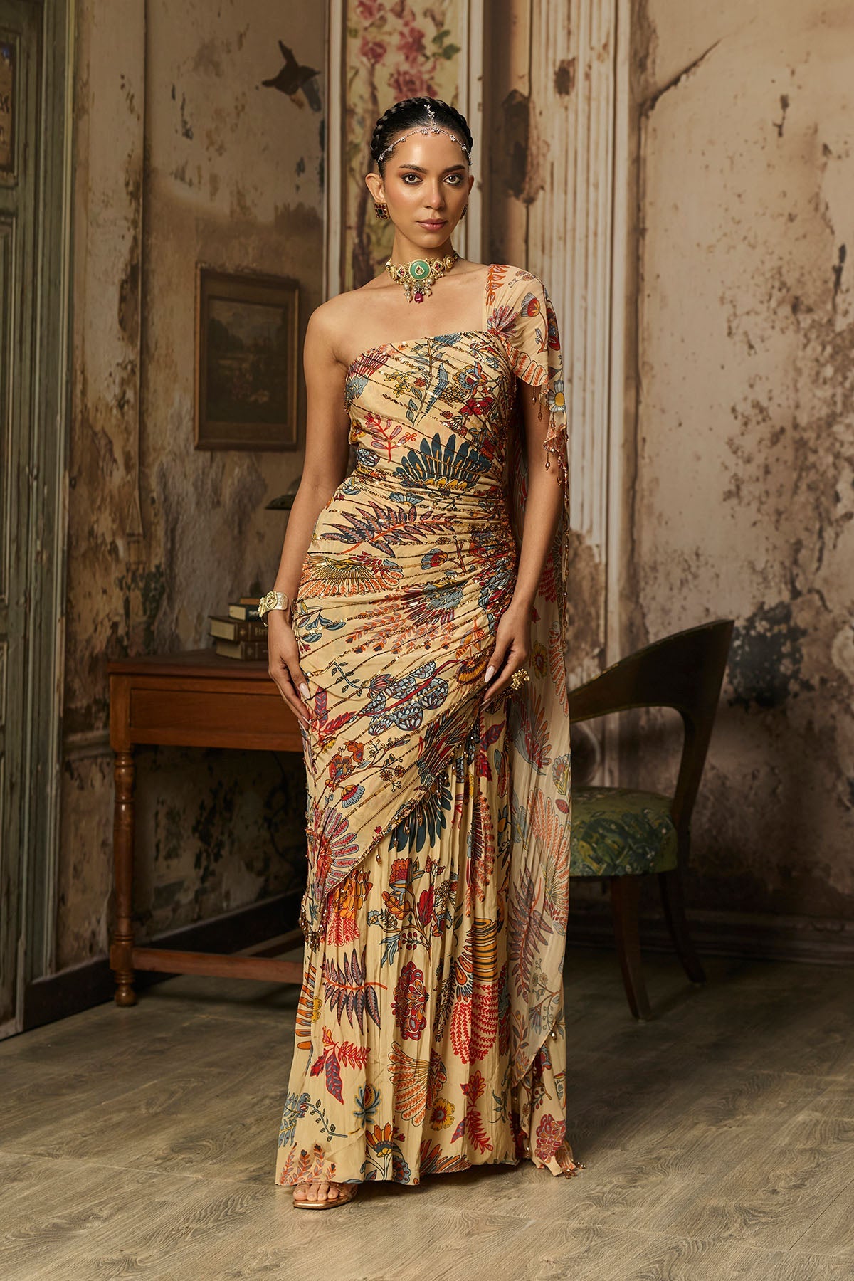 Beige Printed And Highligted Drape Gown Saree