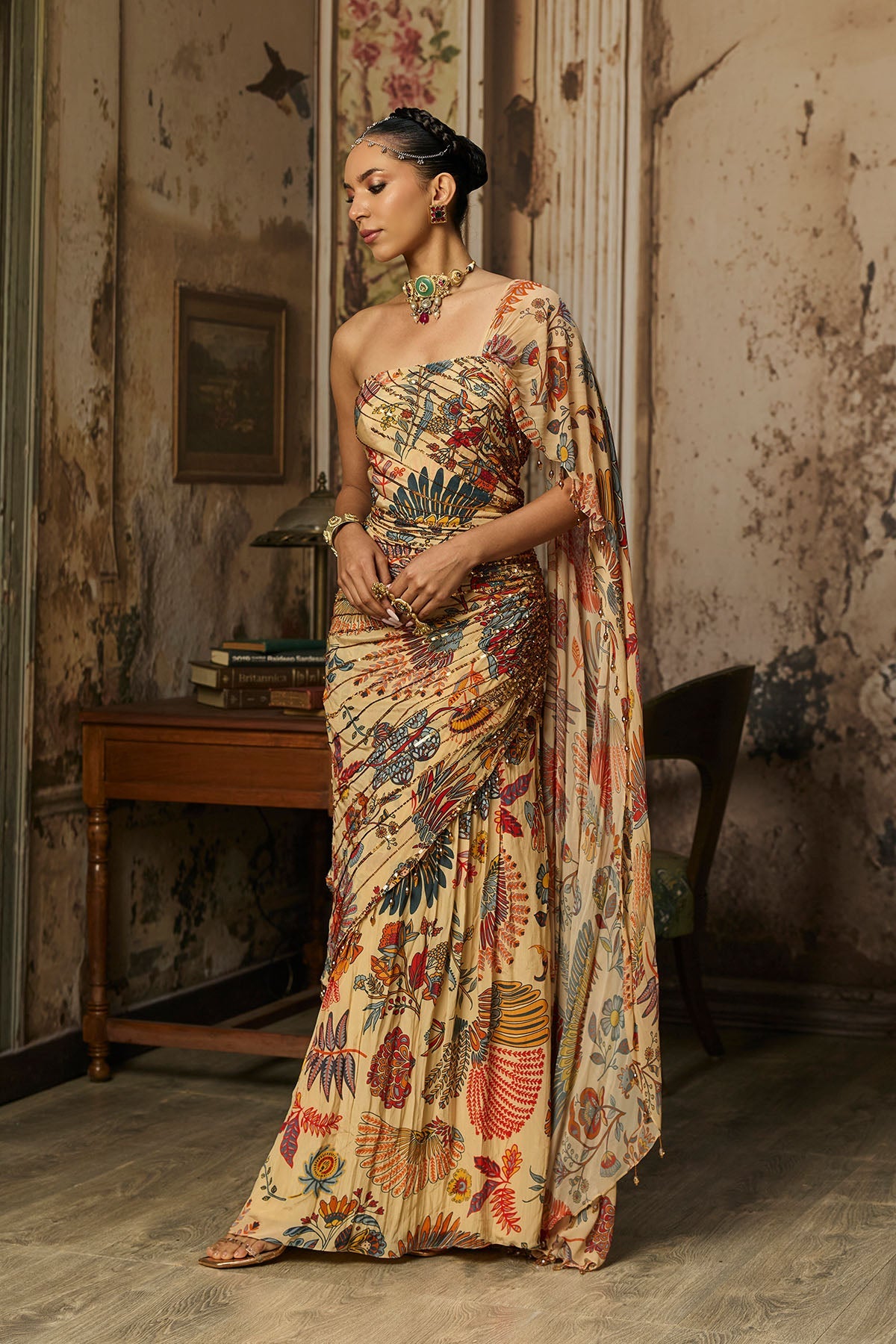 Beige Printed And Highligted Drape Gown Saree