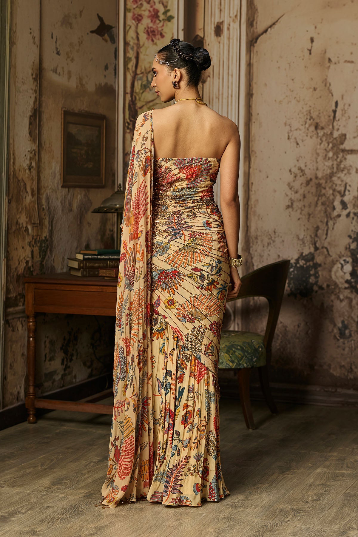 Beige Printed And Highligted Drape Gown Saree