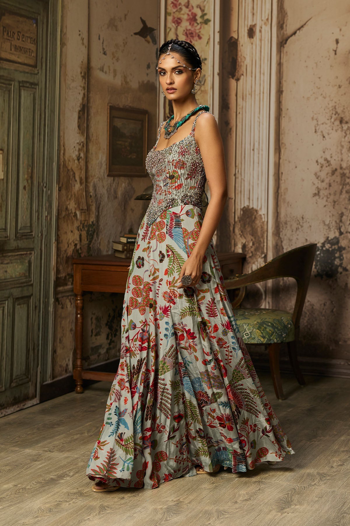 Slate Grey Printed And Highlighted Corset Gown