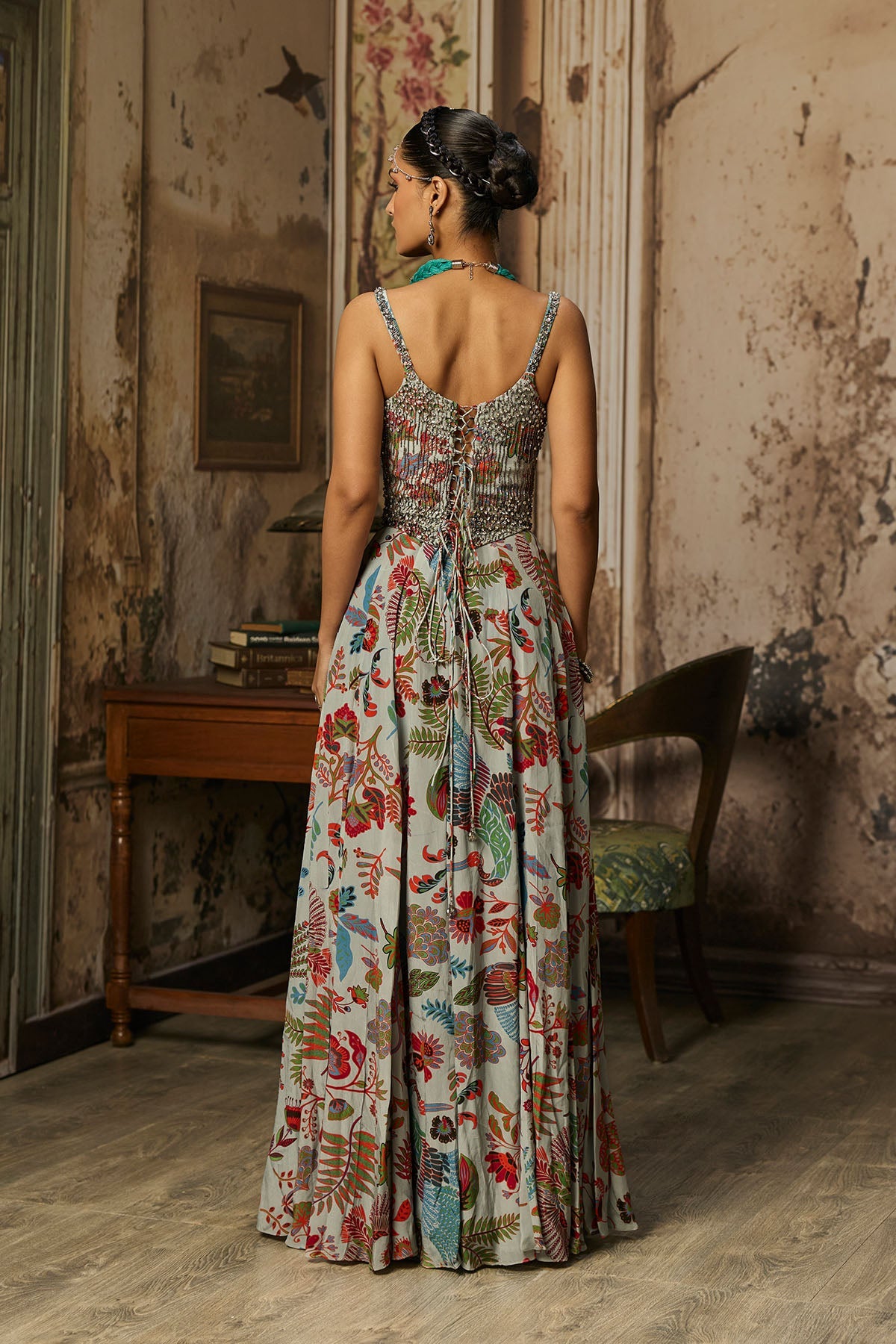 Slate Grey Printed And Highlighted Corset Gown