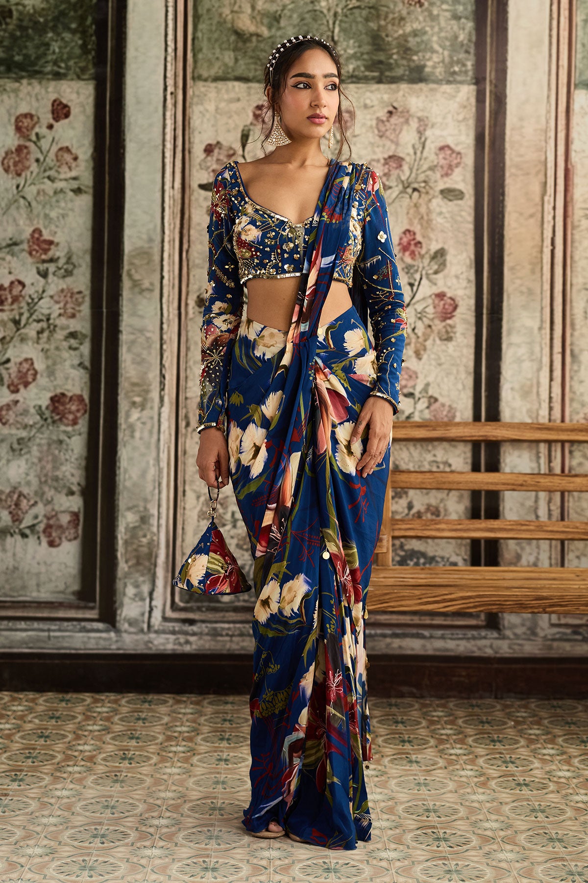 Blue Floral Printed Skirt Saree Set