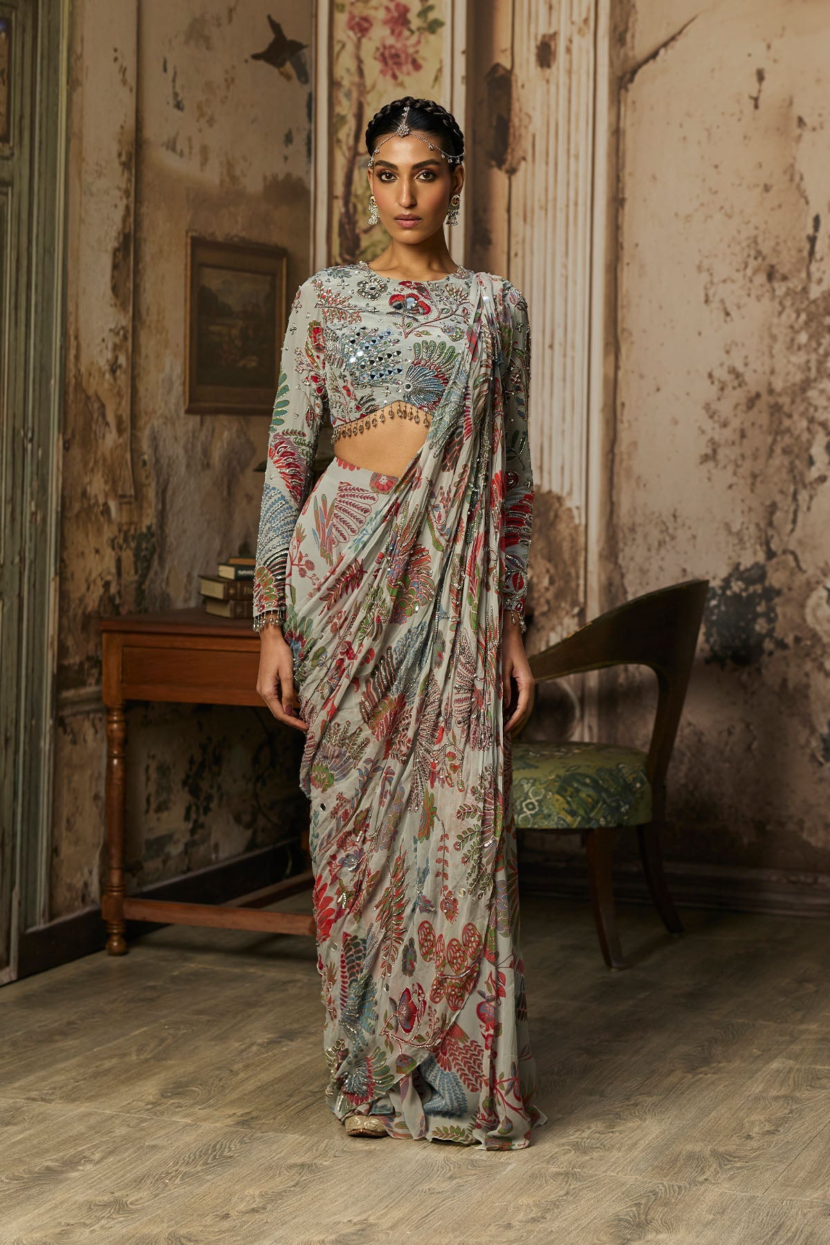 Slate Grey Printed And Highlighted Tiered Skirt Saree Set