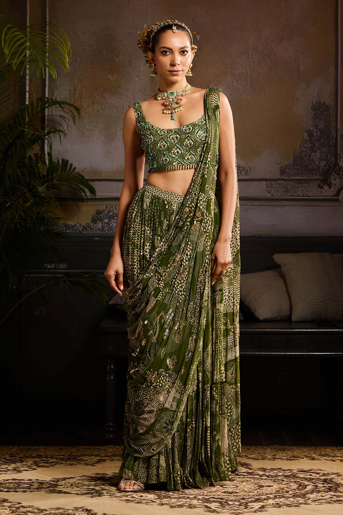 Sage Green Print and Highlighted Skirt Saree Set