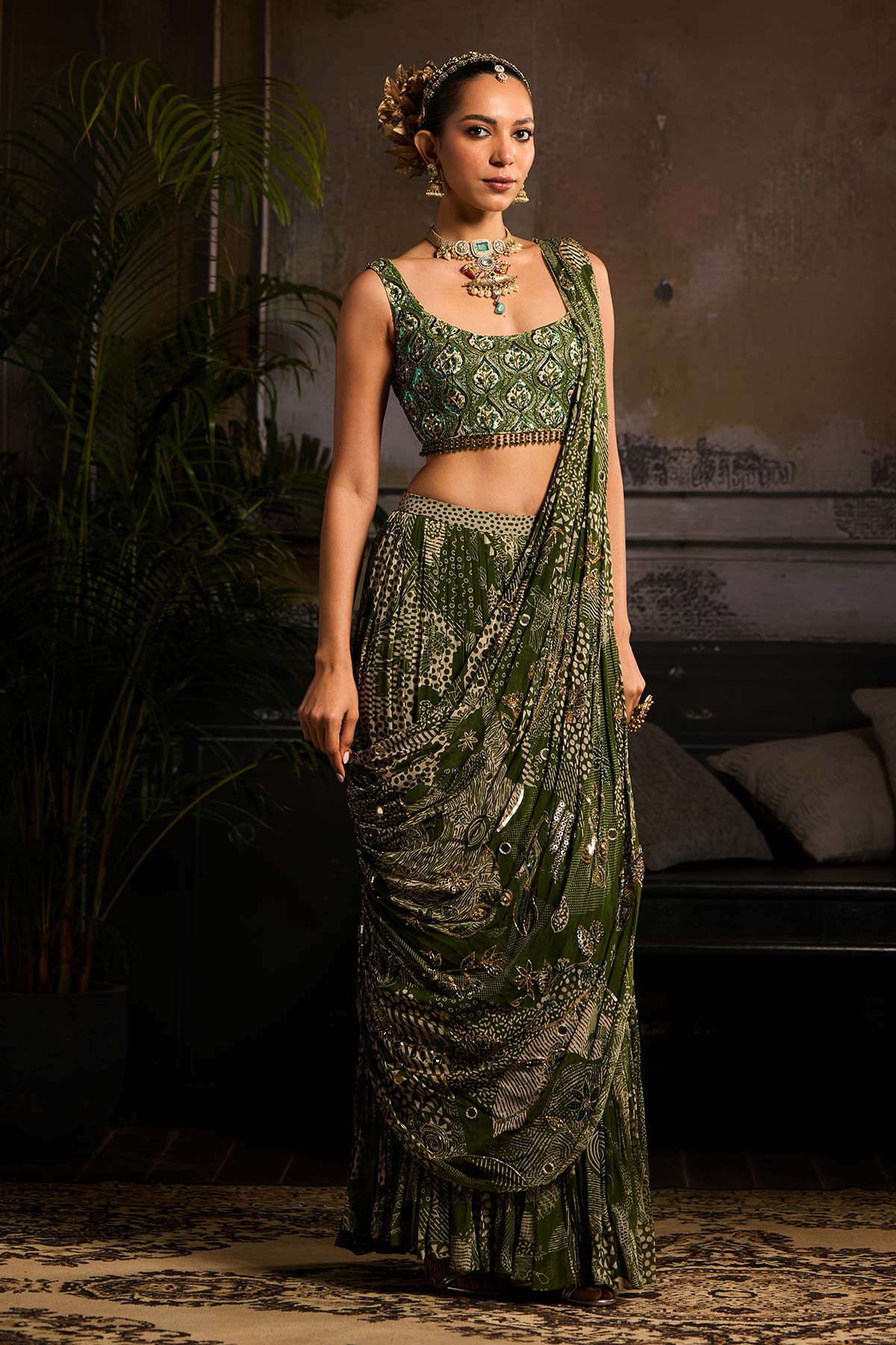 Sage Green Print and Highlighted Skirt Saree Set