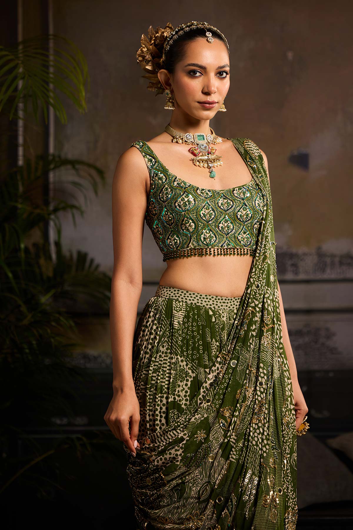 Sage Green Print and Highlighted Skirt Saree Set