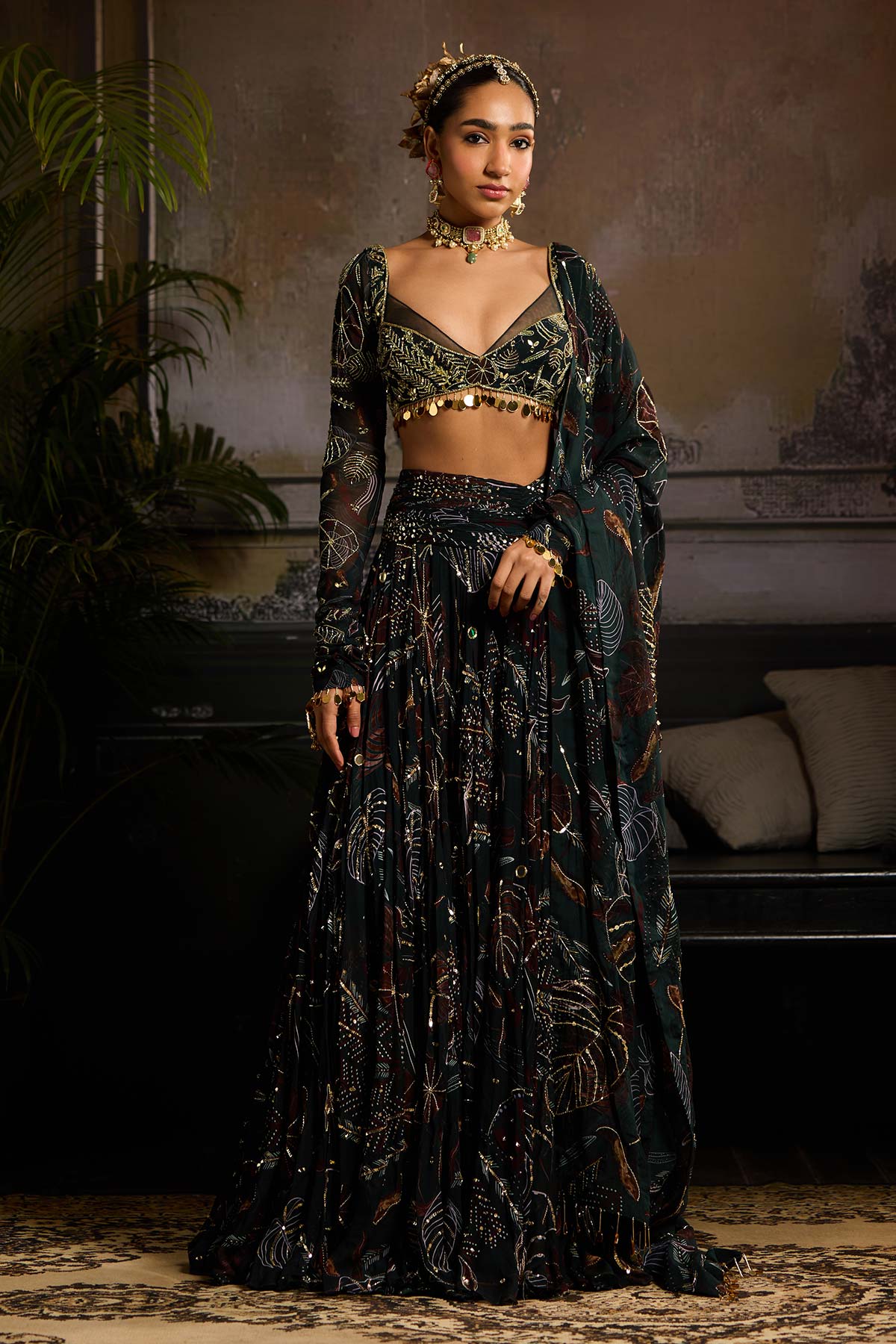 Dark Green Print and Highlighted Lehenga Set