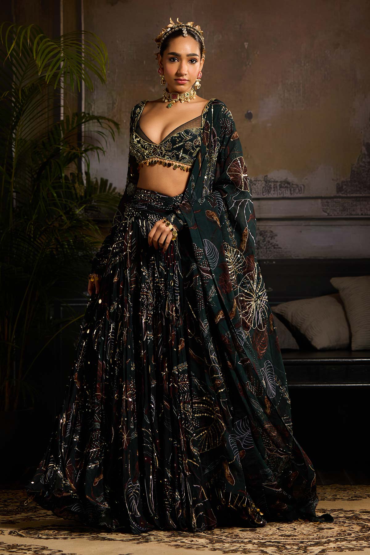 Dark Green Print and Highlighted Lehenga Set