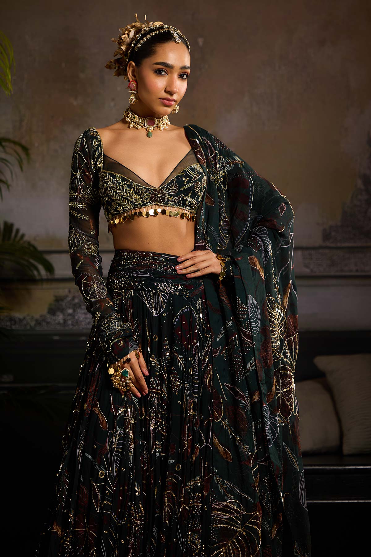 Dark Green Print and Highlighted Lehenga Set