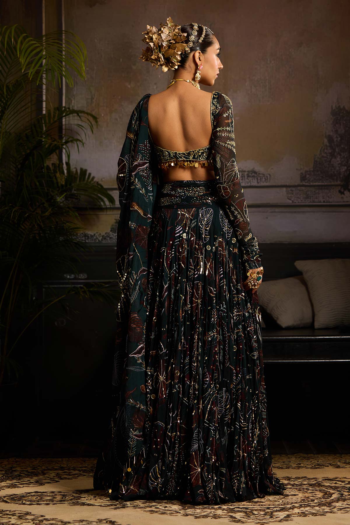 Dark Green Print and Highlighted Lehenga Set