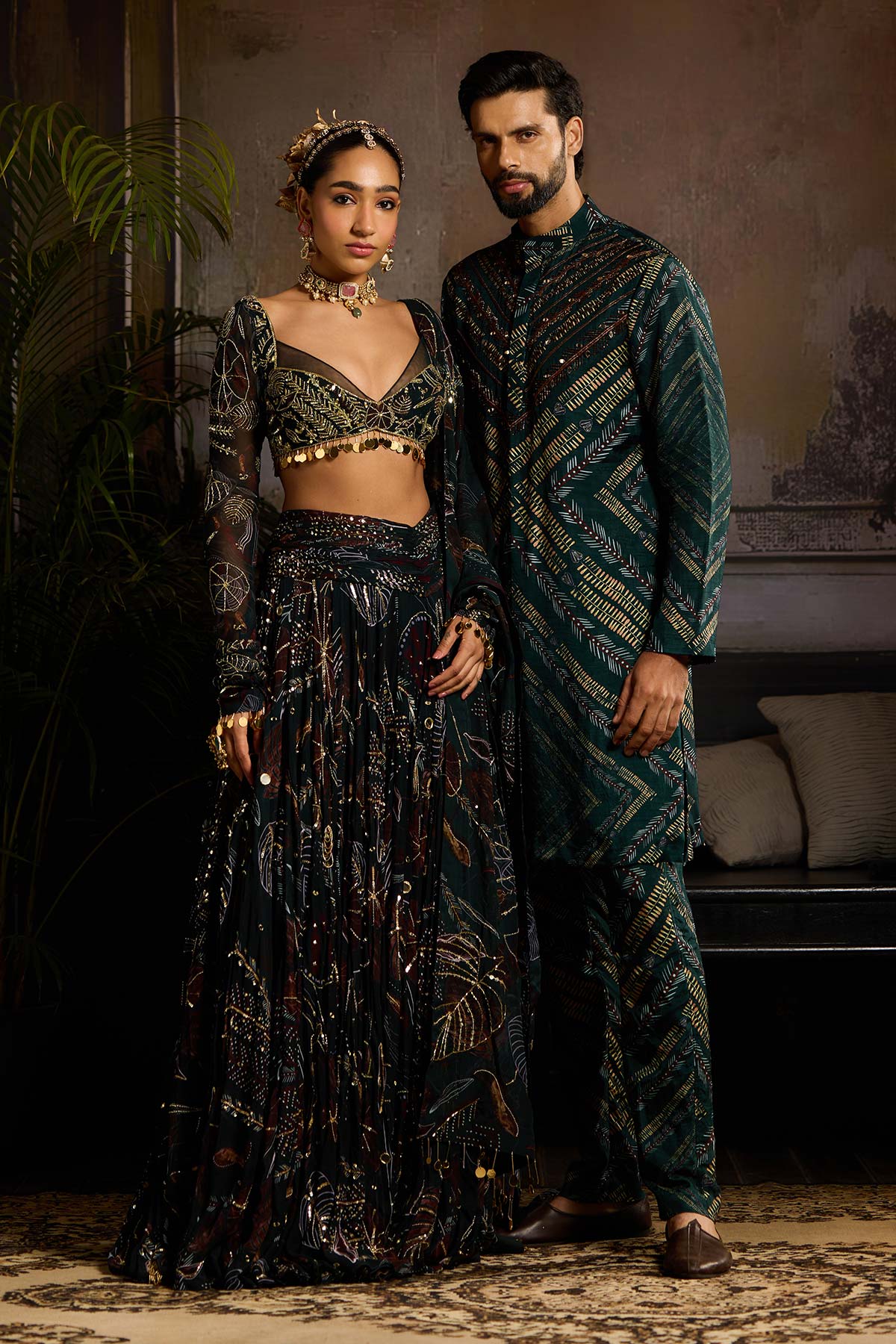 Dark Green Print and Highlighted Lehenga Set