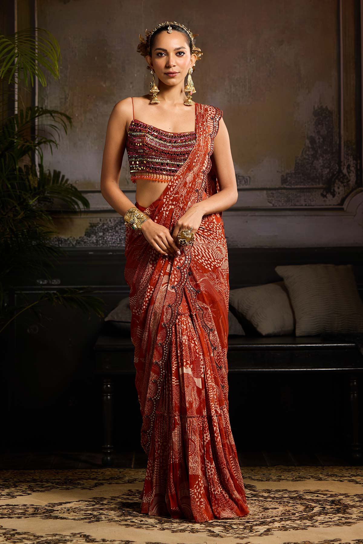 Rust Print and Highlighted Skirt Saree Set