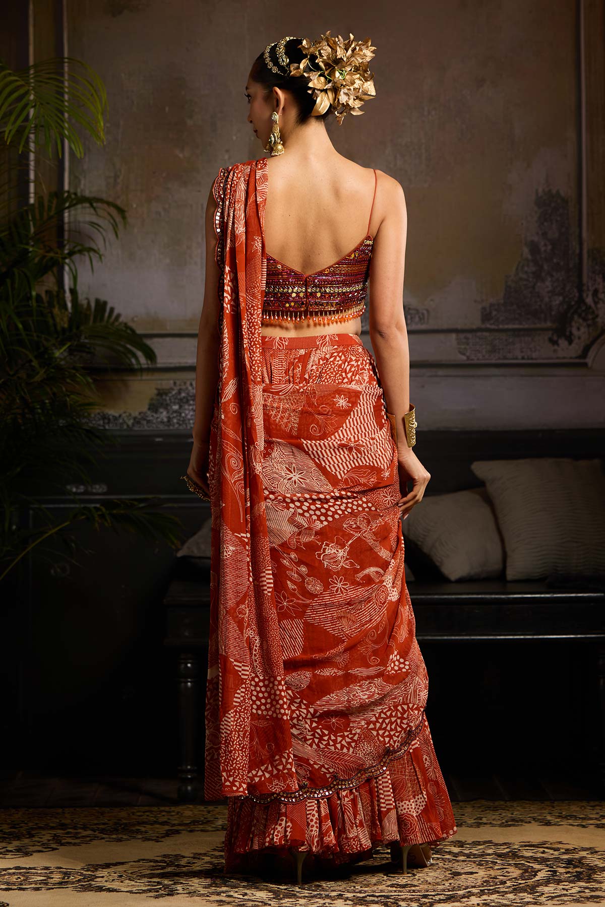 Rust Print and Highlighted Skirt Saree Set