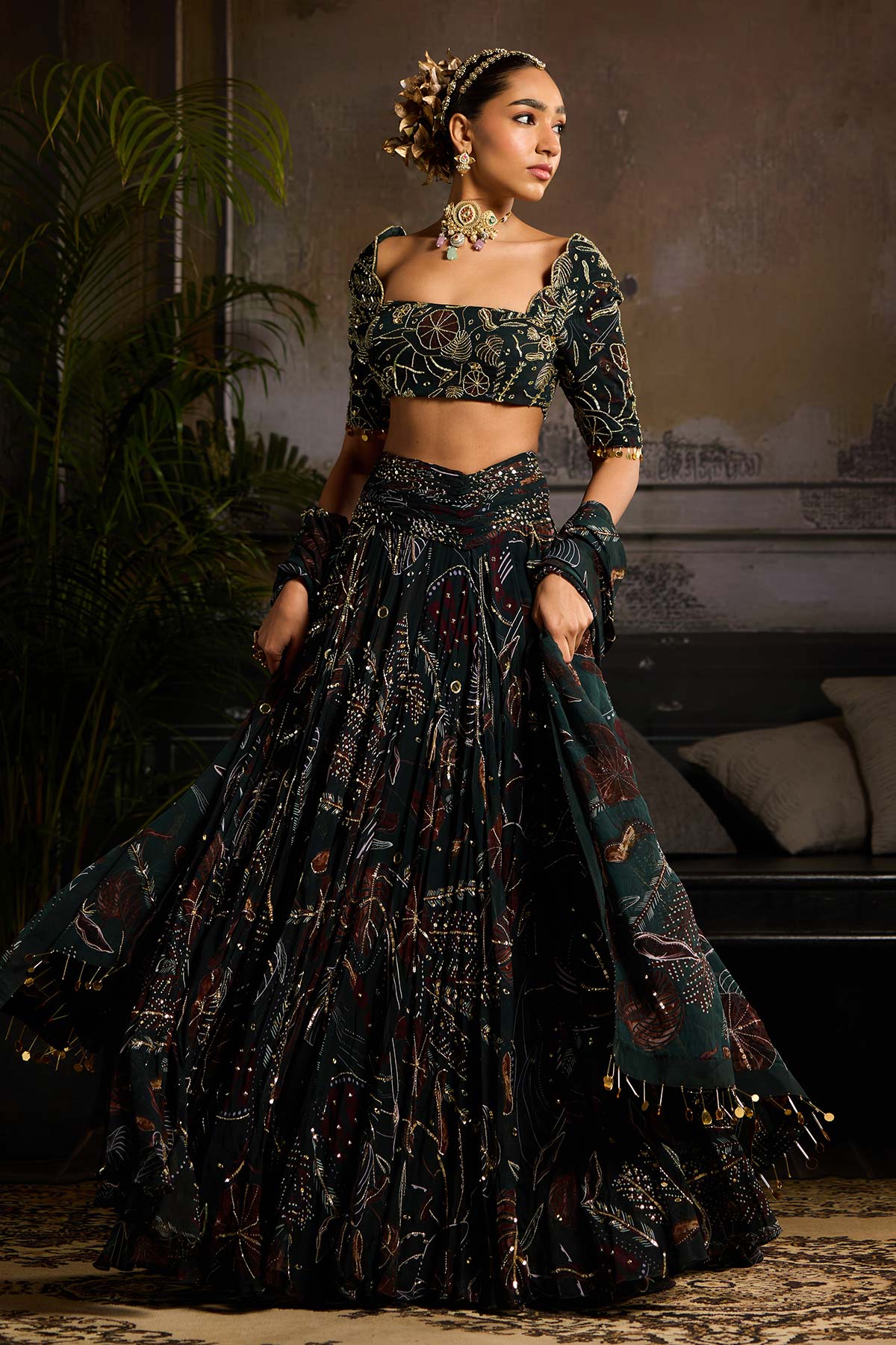 Dark Green Print and Highlighted Lehenga Set