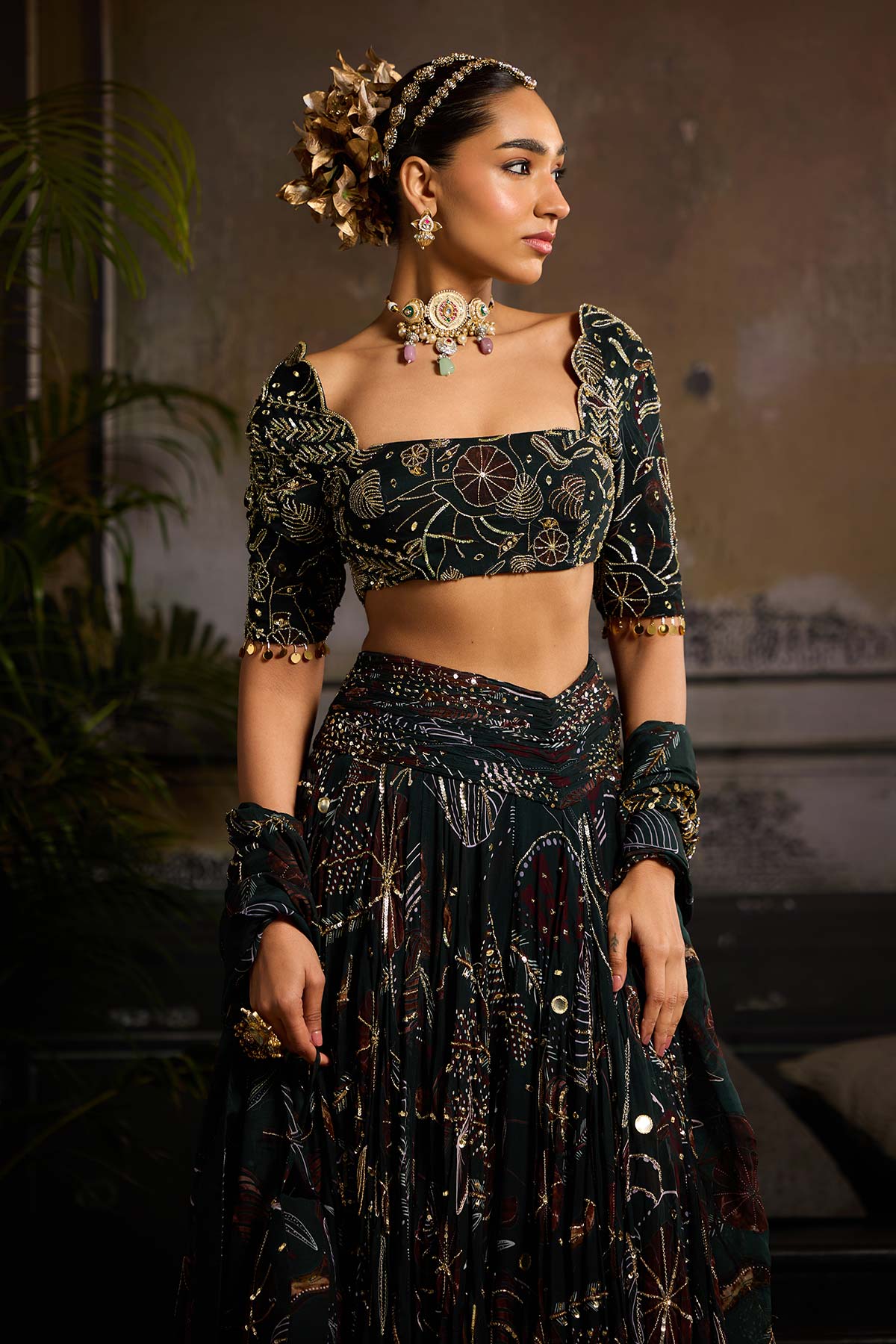 Dark Green Print and Highlighted Lehenga Set