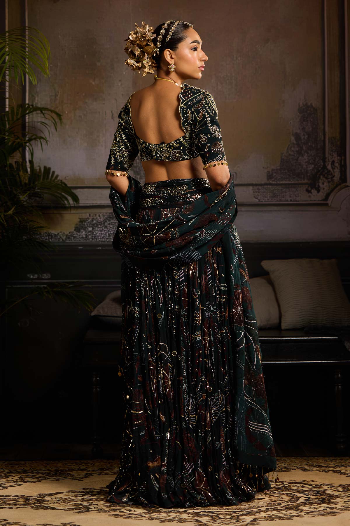 Dark Green Print and Highlighted Lehenga Set