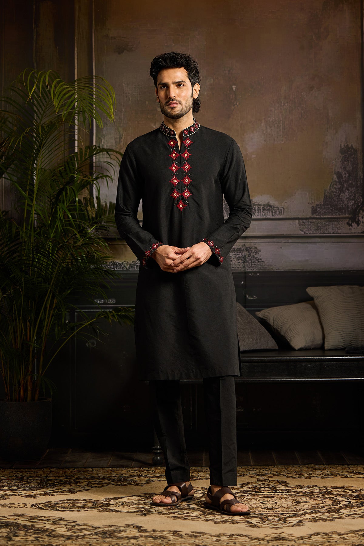 BLACK WITH MAROON BUTTA EMBROIDERYKURTA PAIRED WITH BLACK PANTS