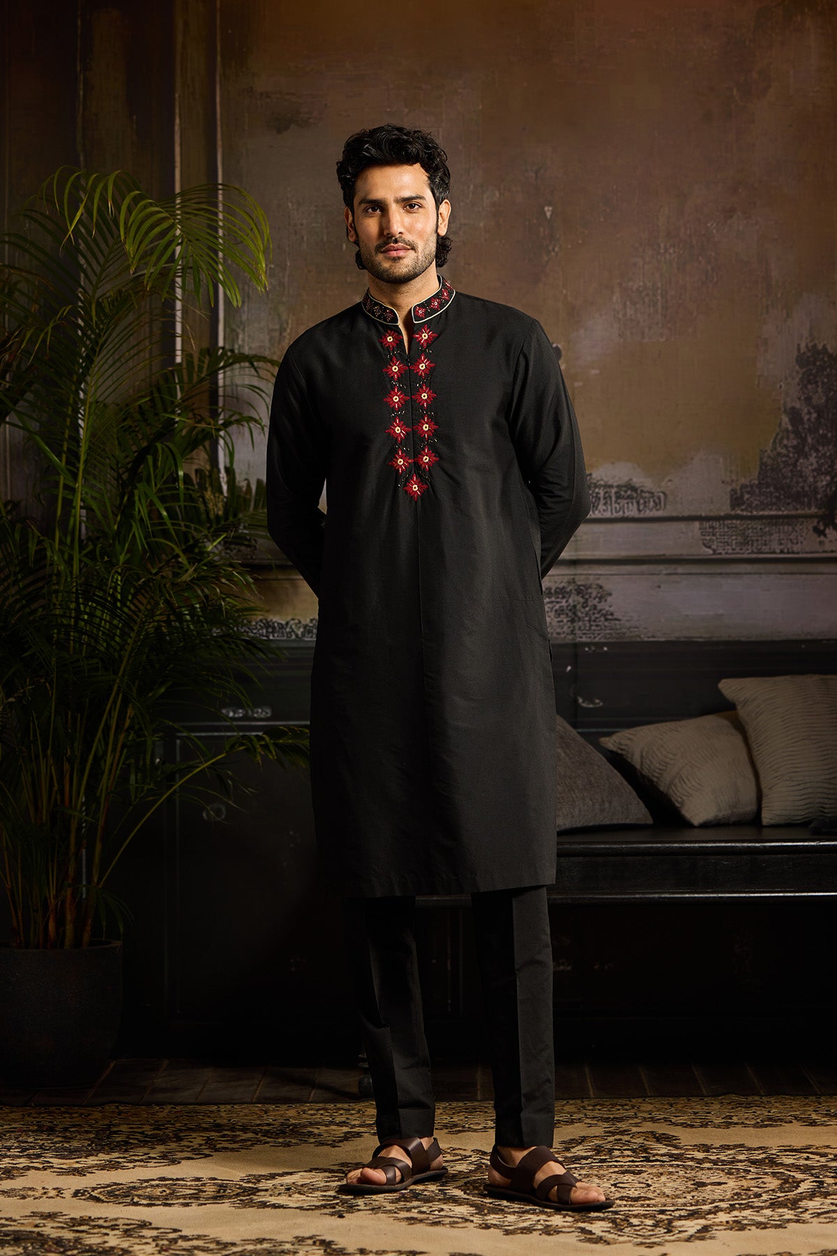 BLACK WITH MAROON BUTTA EMBROIDERYKURTA PAIRED WITH BLACK PANTS