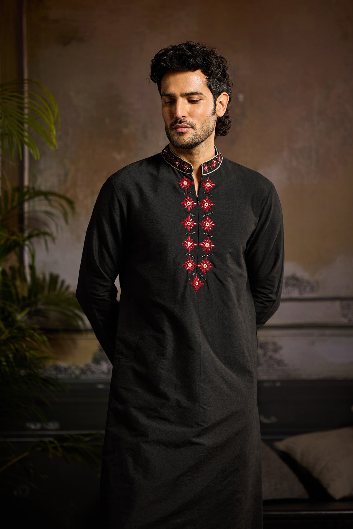 BLACK WITH MAROON BUTTA EMBROIDERYKURTA PAIRED WITH BLACK PANTS