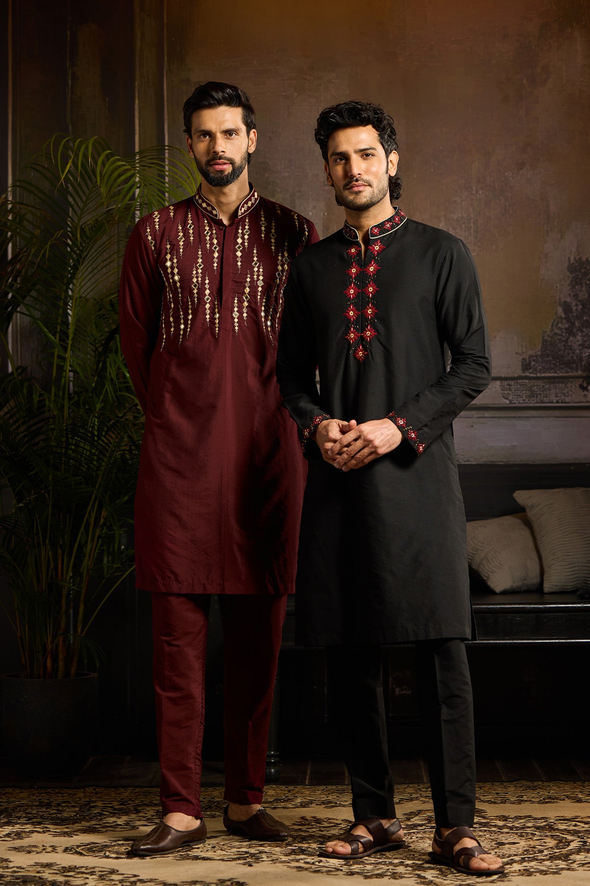 BLACK WITH MAROON BUTTA EMBROIDERYKURTA PAIRED WITH BLACK PANTS