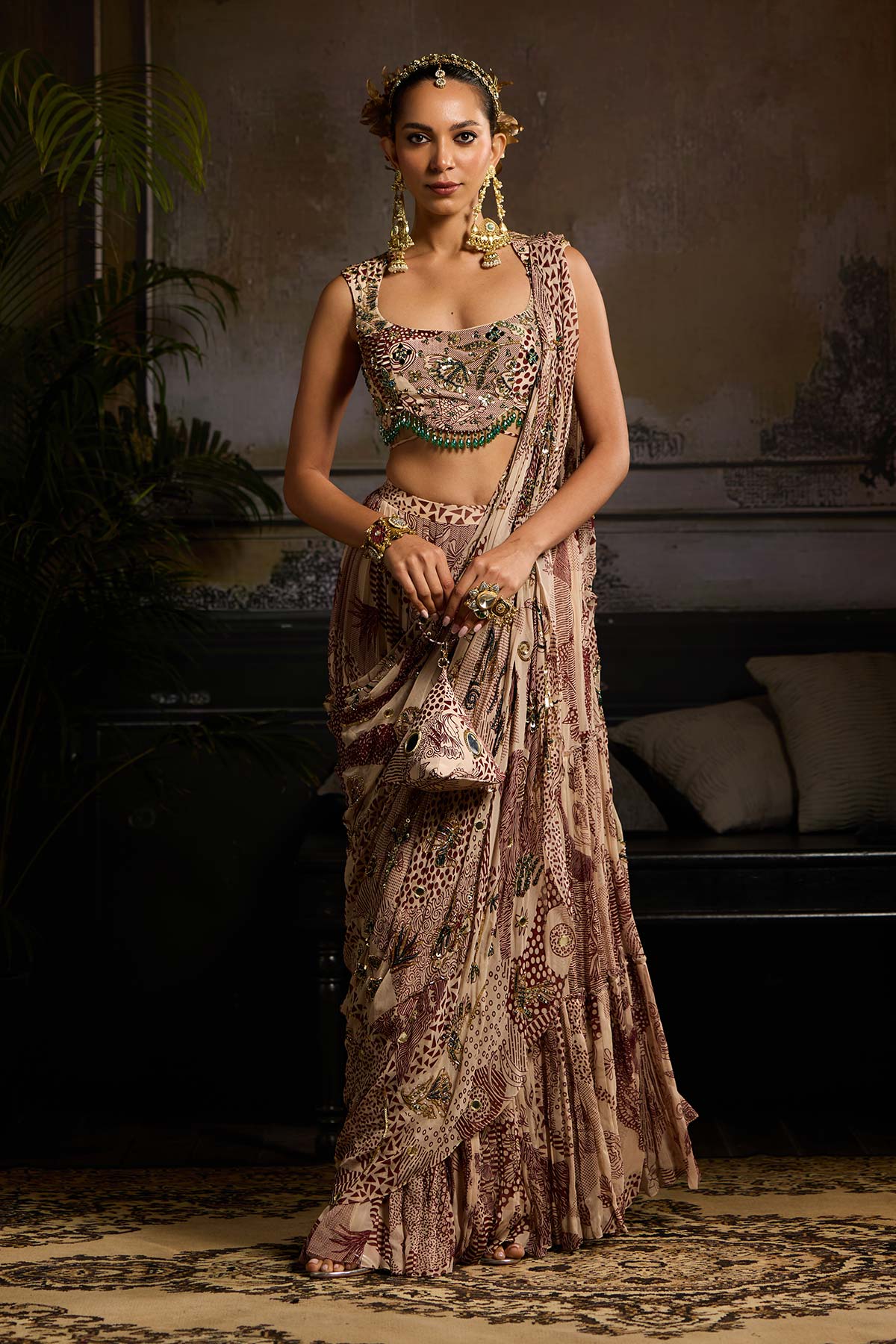 Beige & Maroon Print and Highlighted Skirt Saree Set