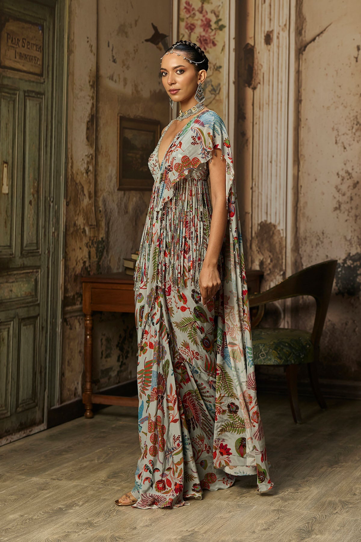 Slate Grey Printed And Highlighted Dhoti Skirt Saree Set