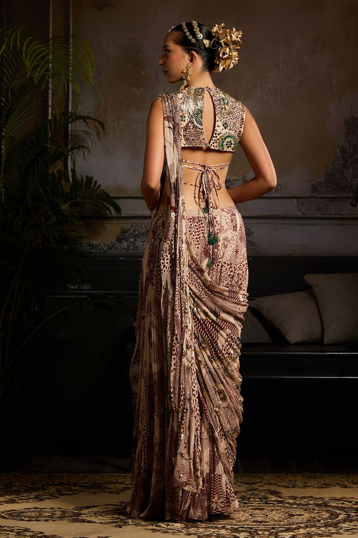 Beige & Maroon Print and Highlighted Skirt Saree Set