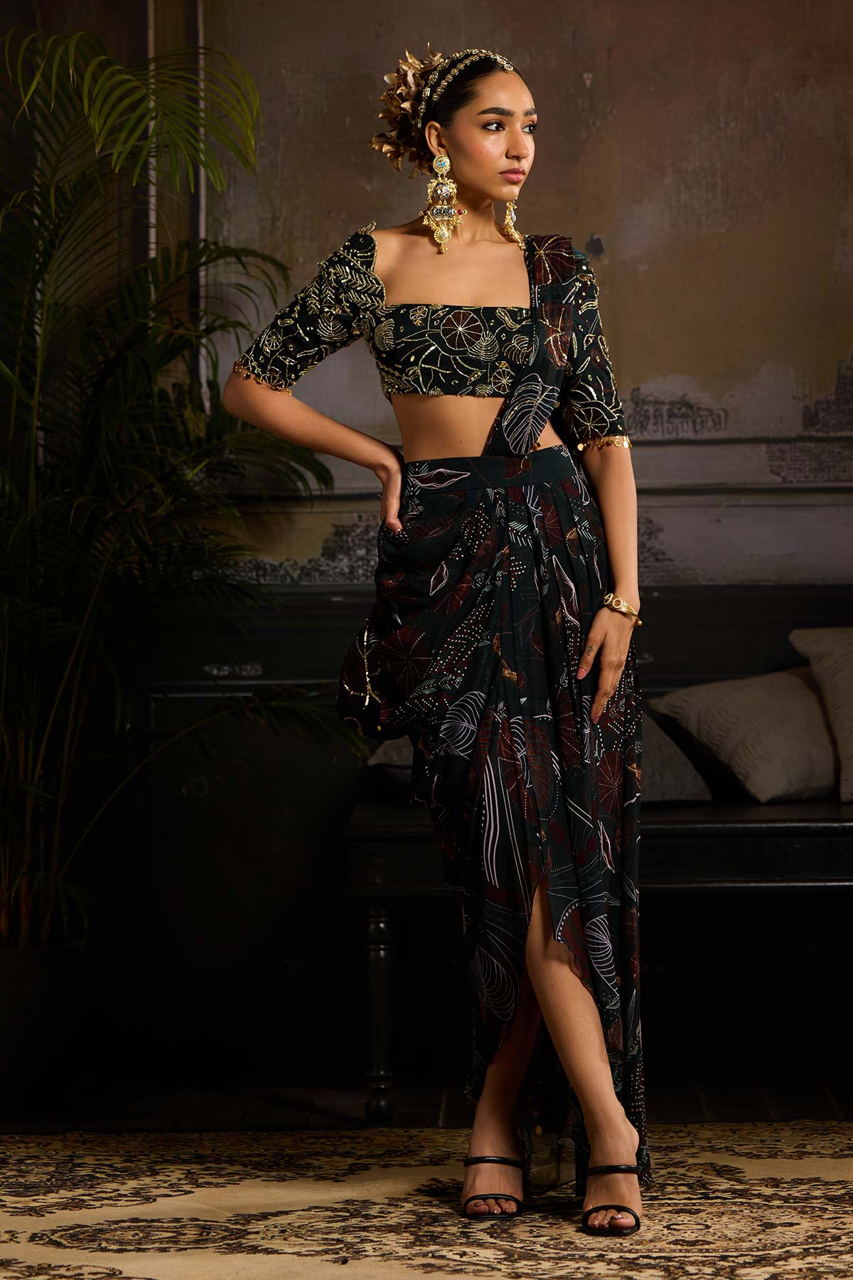 Dark Green Print and Highlighted Draped Saree Set