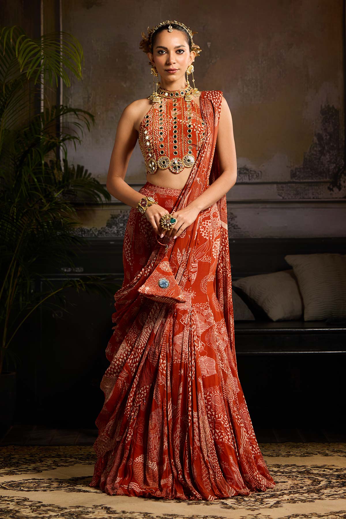 Rust Print and Highlighted Mermaid Saree Set