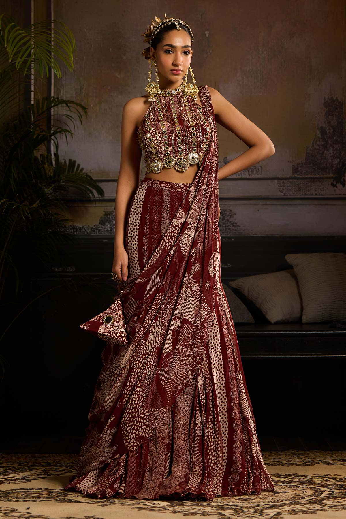 Maroon Print and Highlighted Mermaid Saree Set