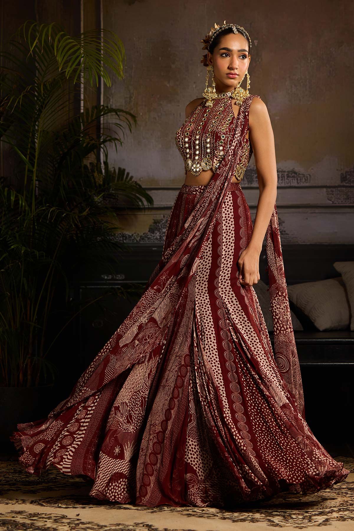 Maroon Print and Highlighted Mermaid Saree Set