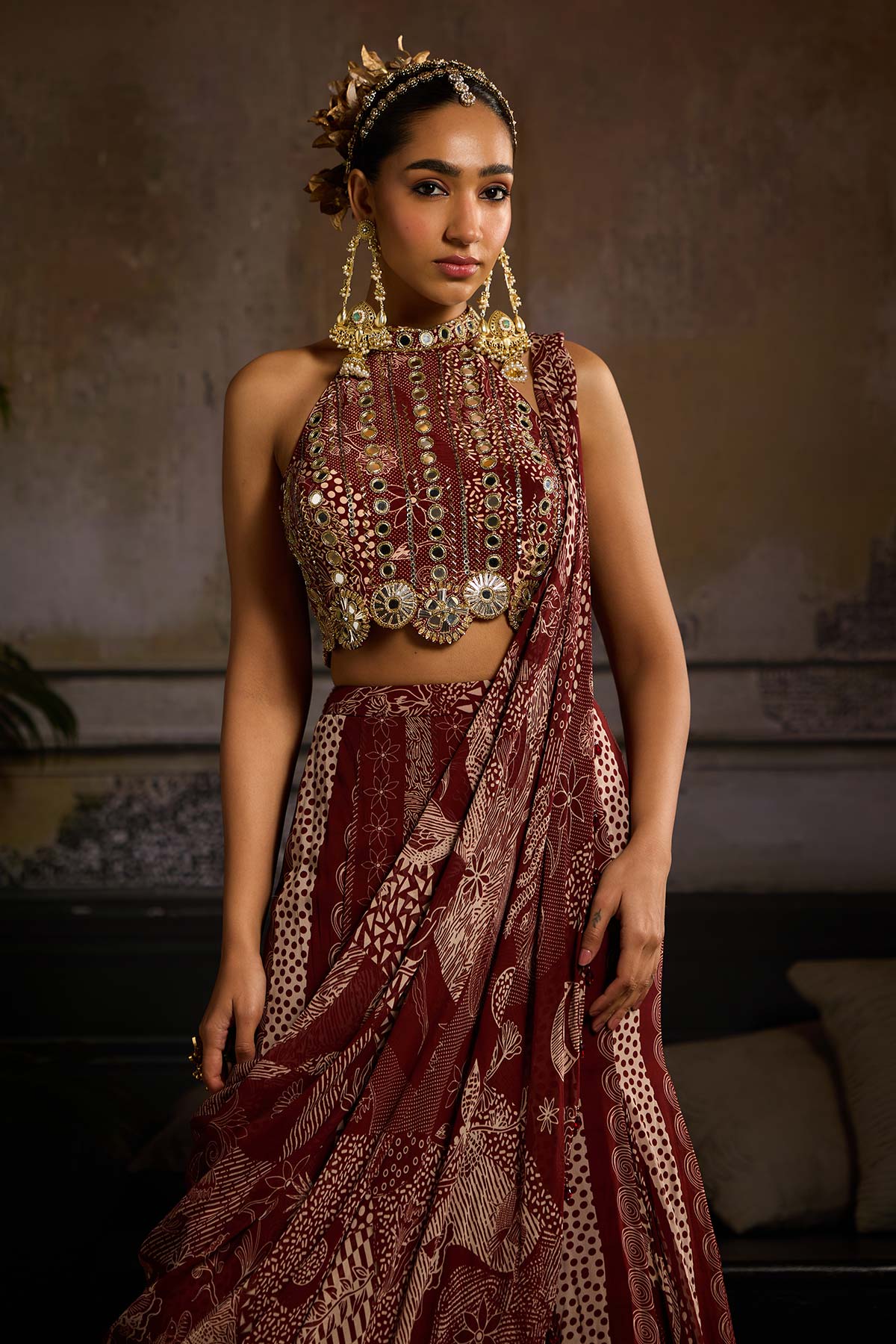 Maroon Print and Highlighted Mermaid Saree Set