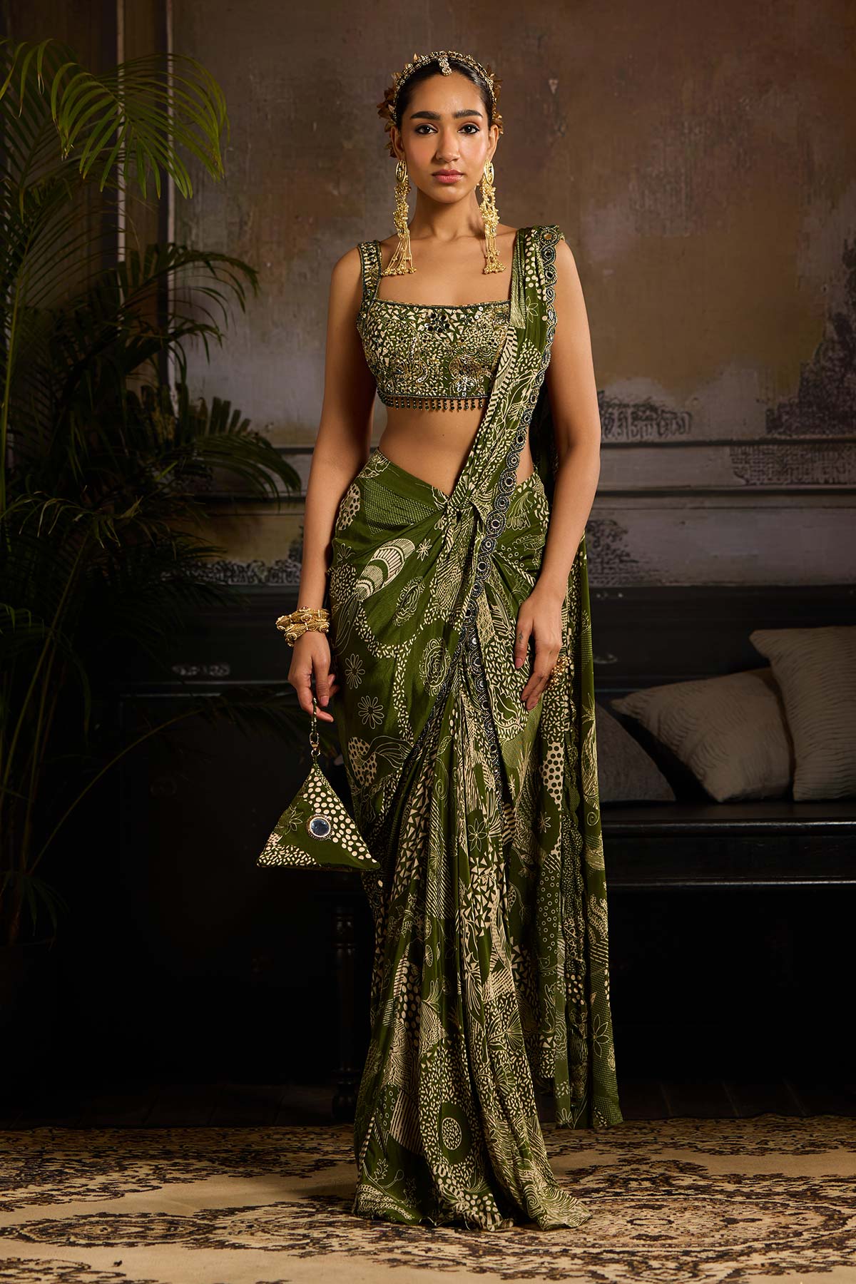 Sage Green Print and Highlighted Skirt Saree Set