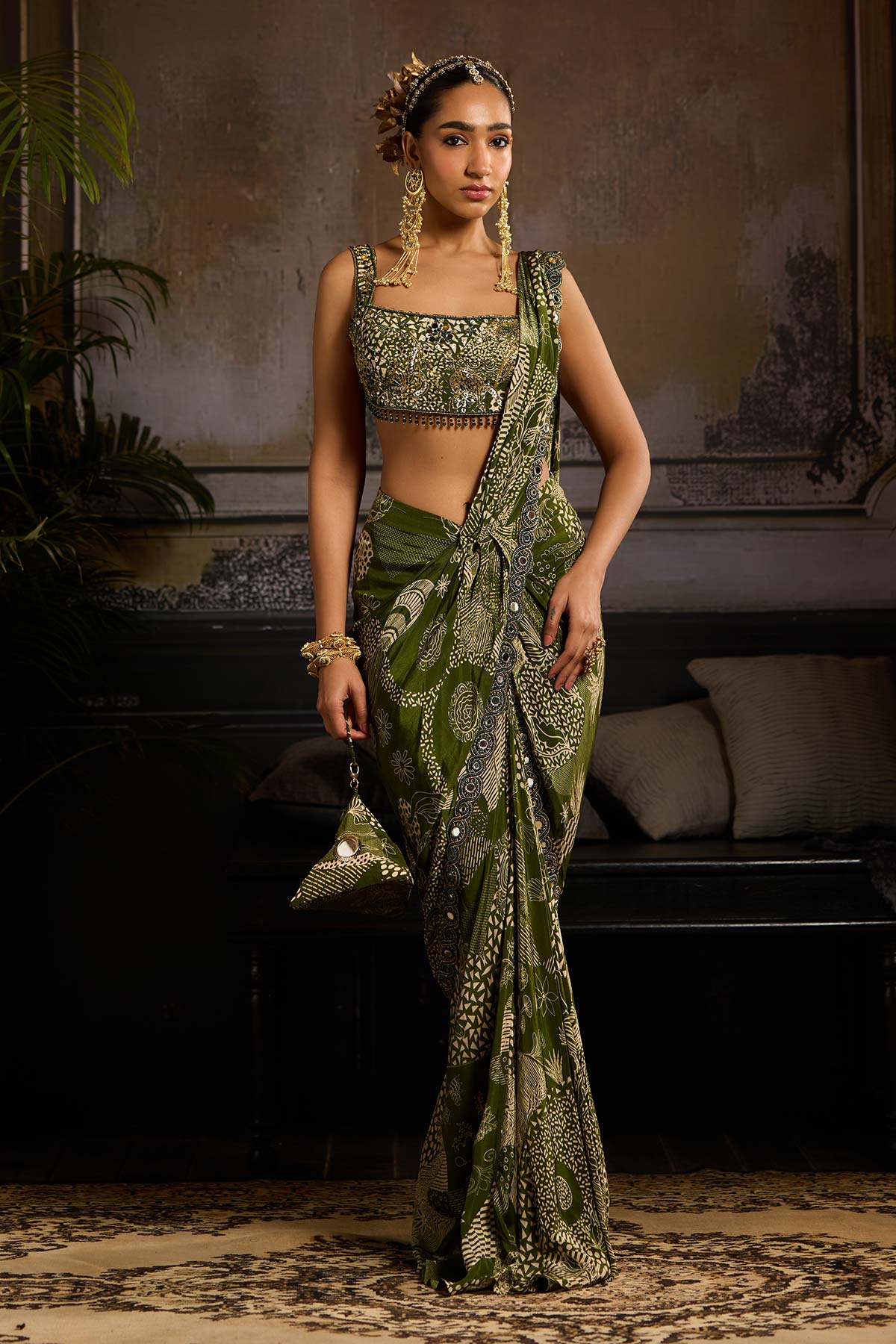 Sage Green Print and Highlighted Skirt Saree Set