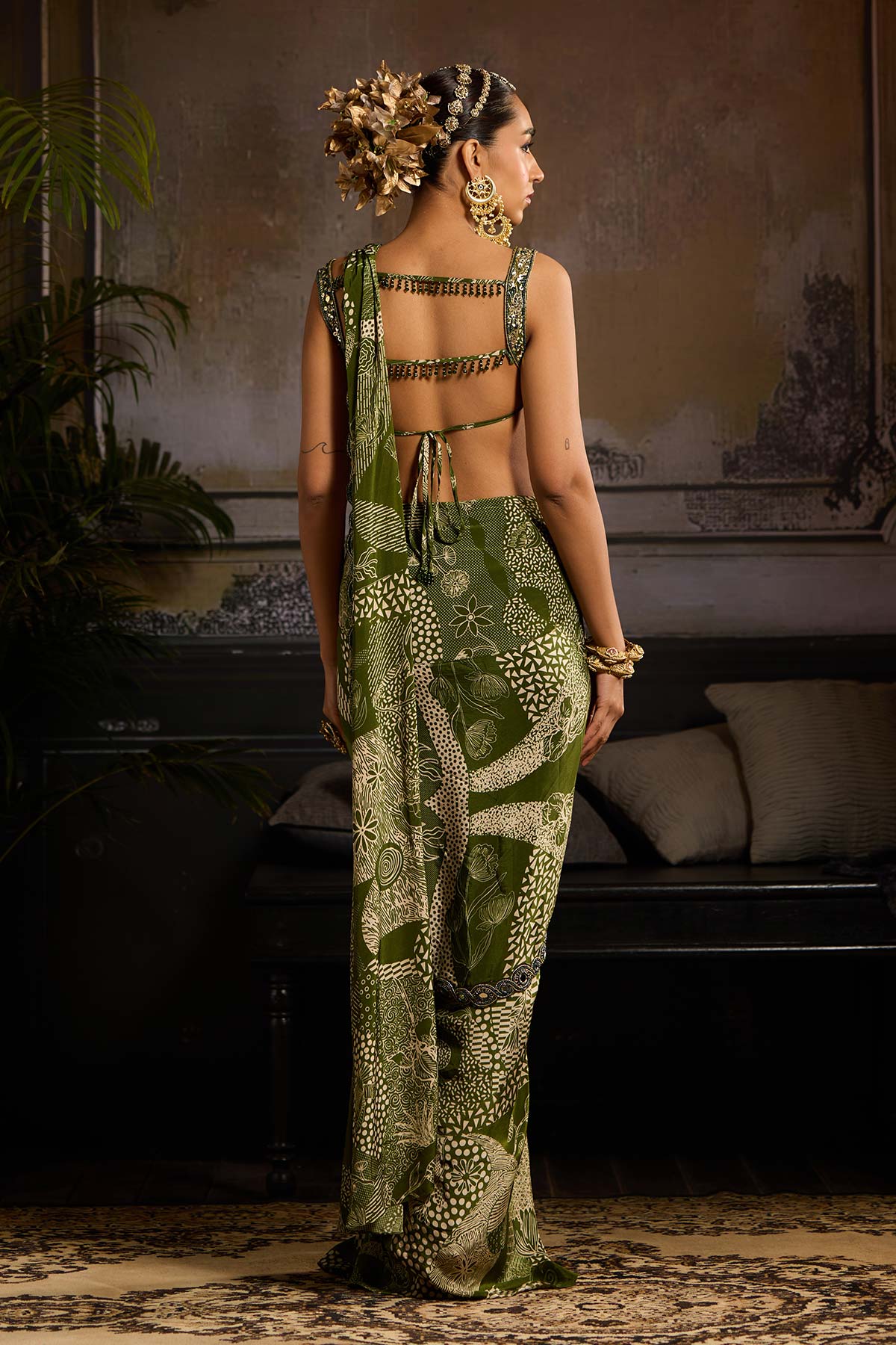 Sage Green Print and Highlighted Skirt Saree Set