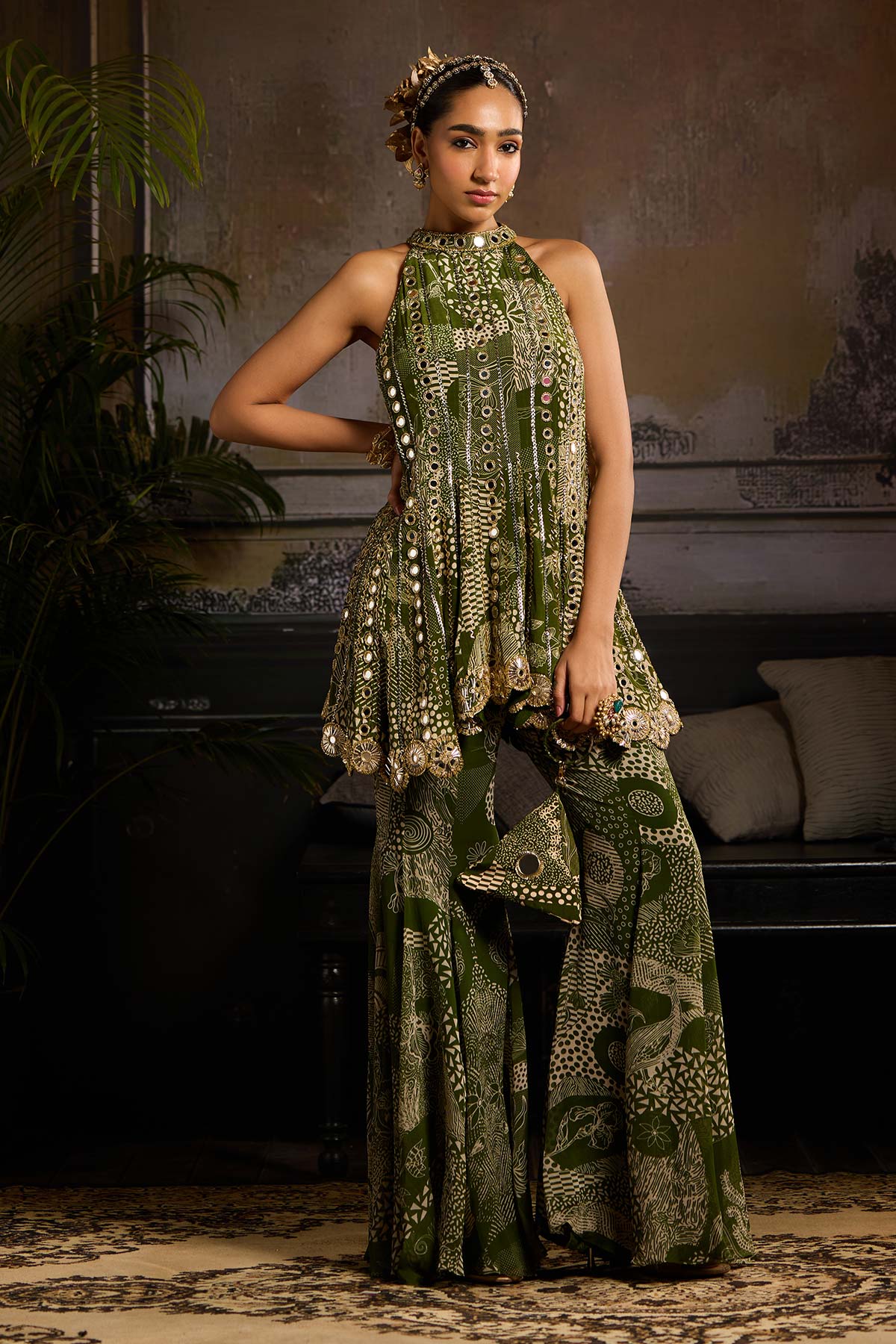 Sage Green Print and Highlighted Peplum Set