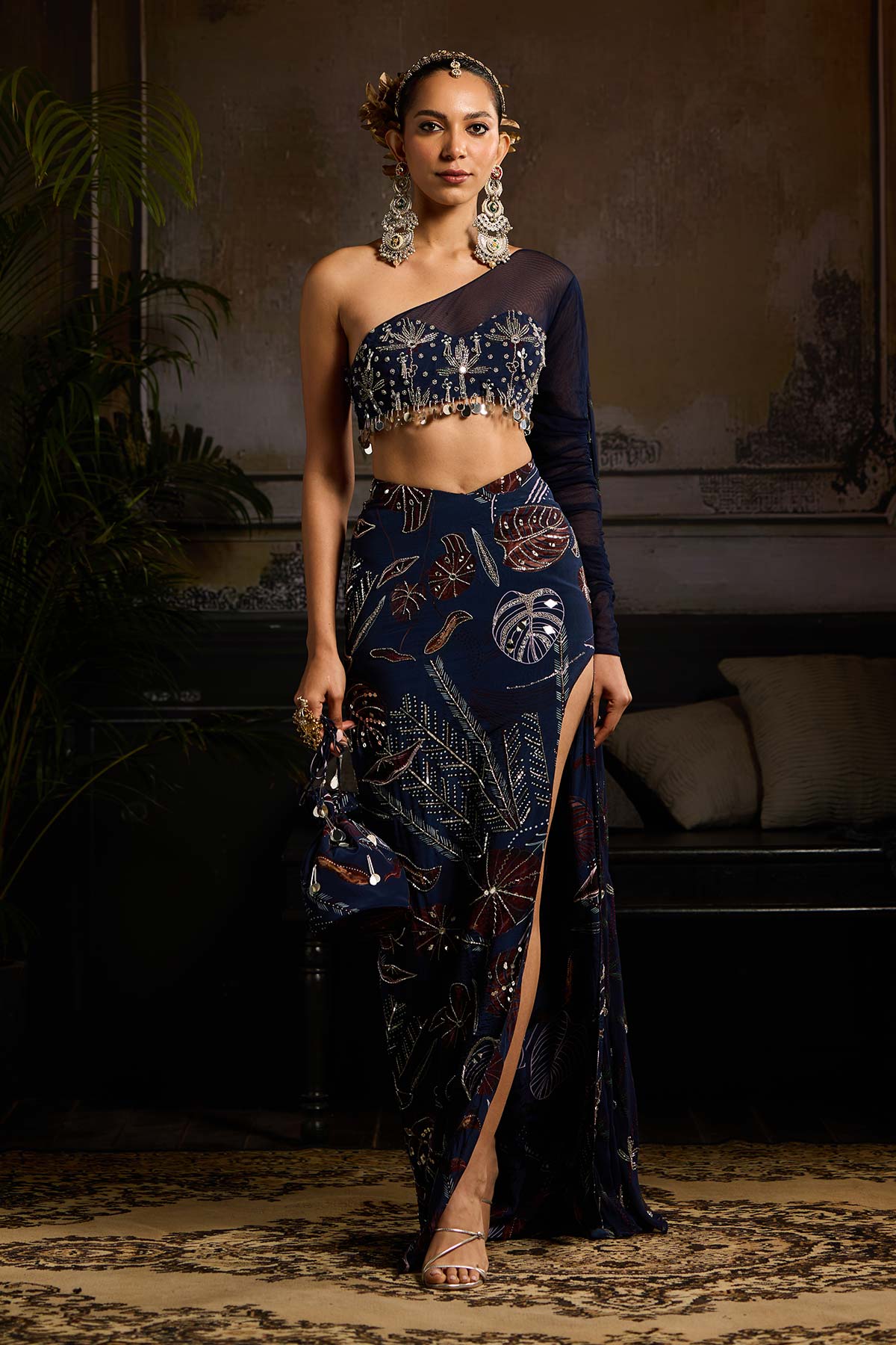 Dark Blue Print and Highlighted Crop Top with Skirt