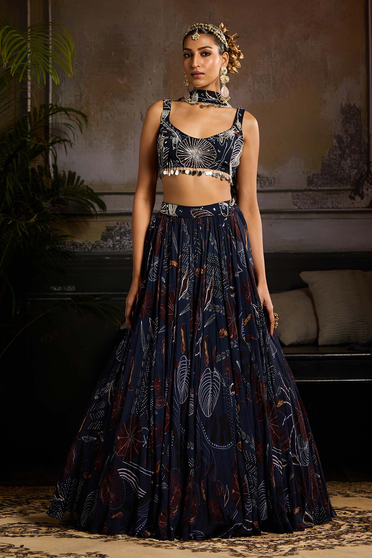 Dark Blue Print and Embroidered Lehenga Set