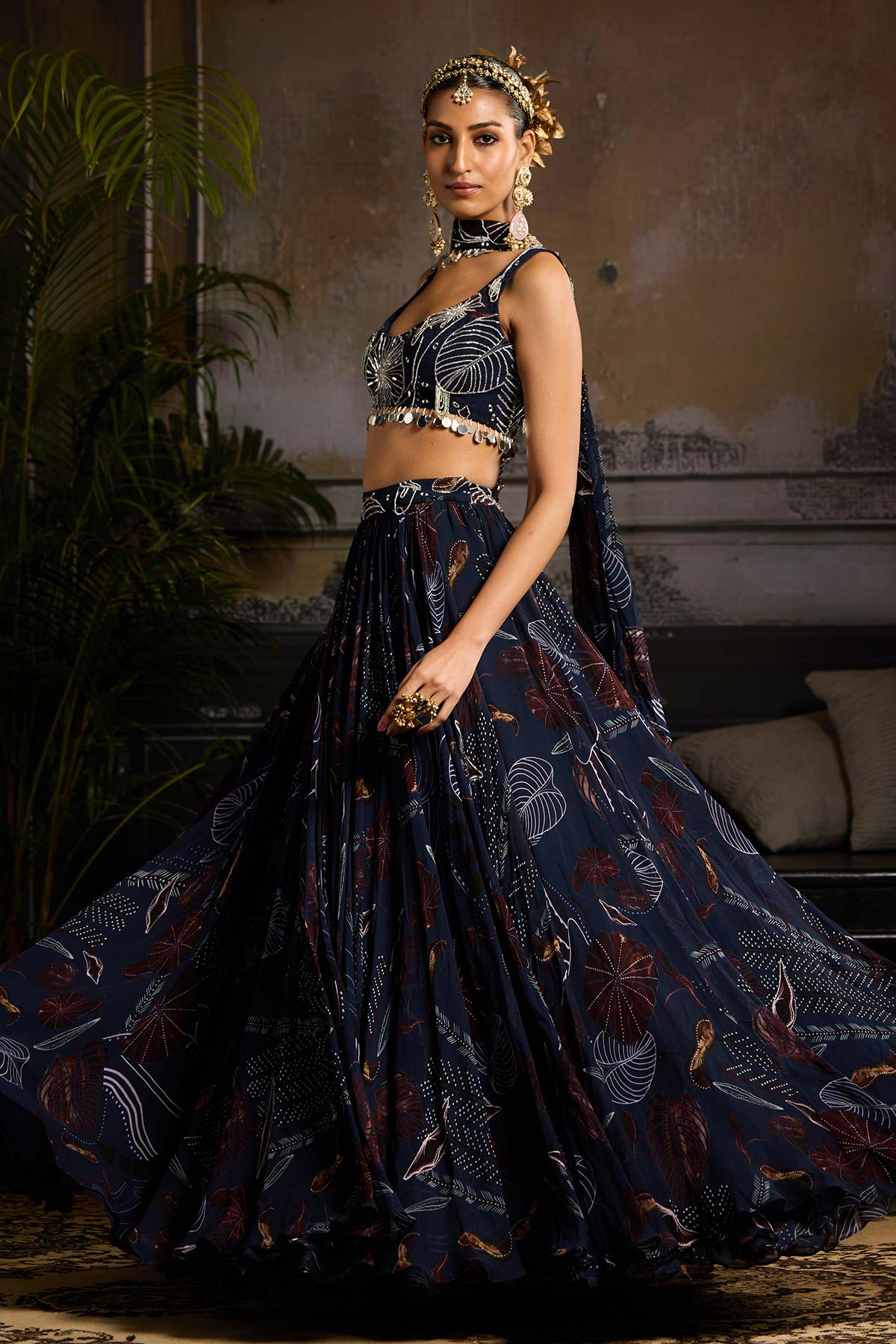 Dark Blue Print and Embroidered Lehenga Set