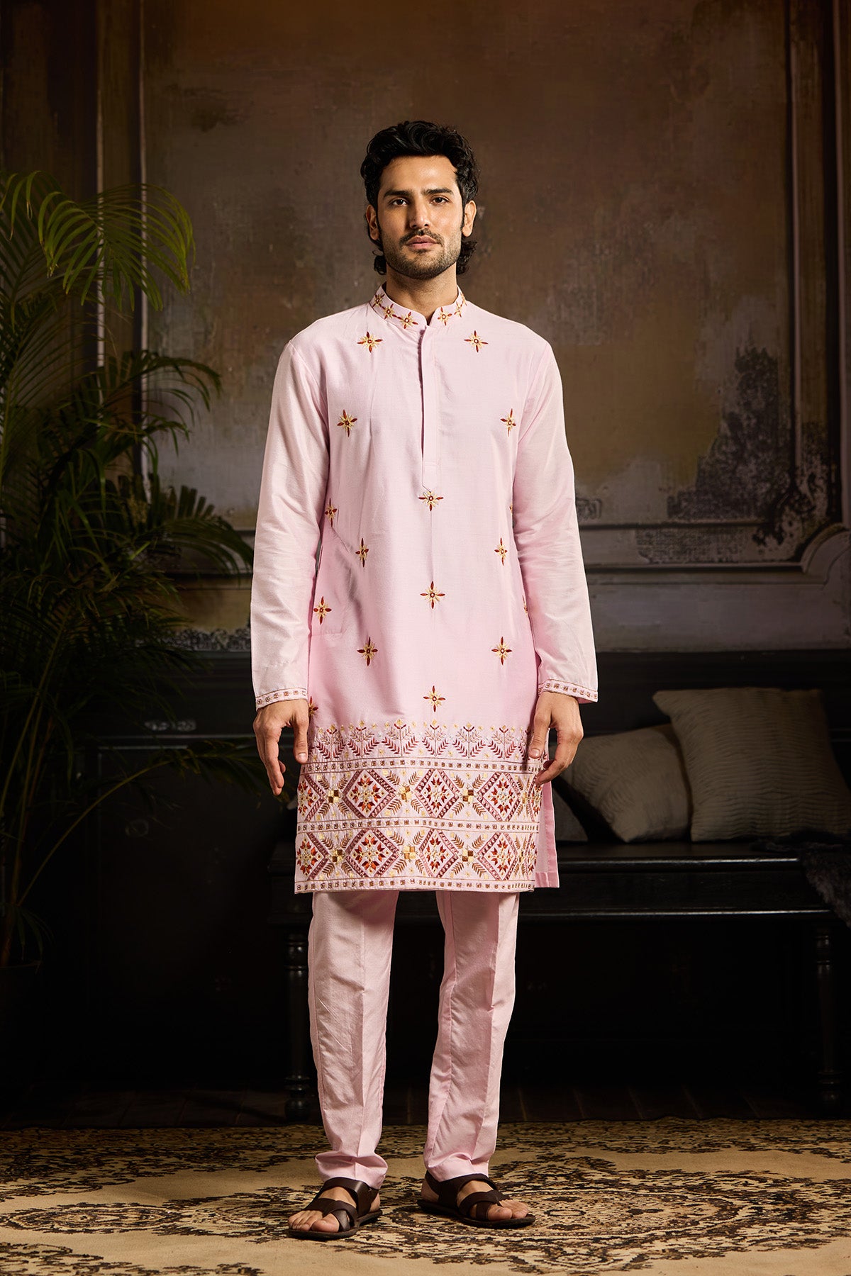 BLUSH PINK  TRIBLE EMBROIDERED KURTA PAIRED WITH BLUSH PINK PANTS