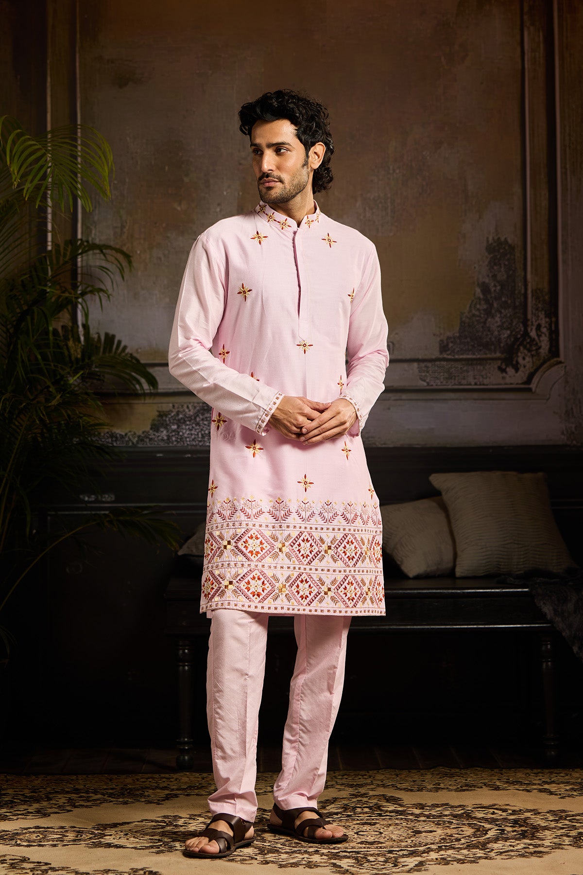 BLUSH PINK  TRIBLE EMBROIDERED KURTA PAIRED WITH BLUSH PINK PANTS