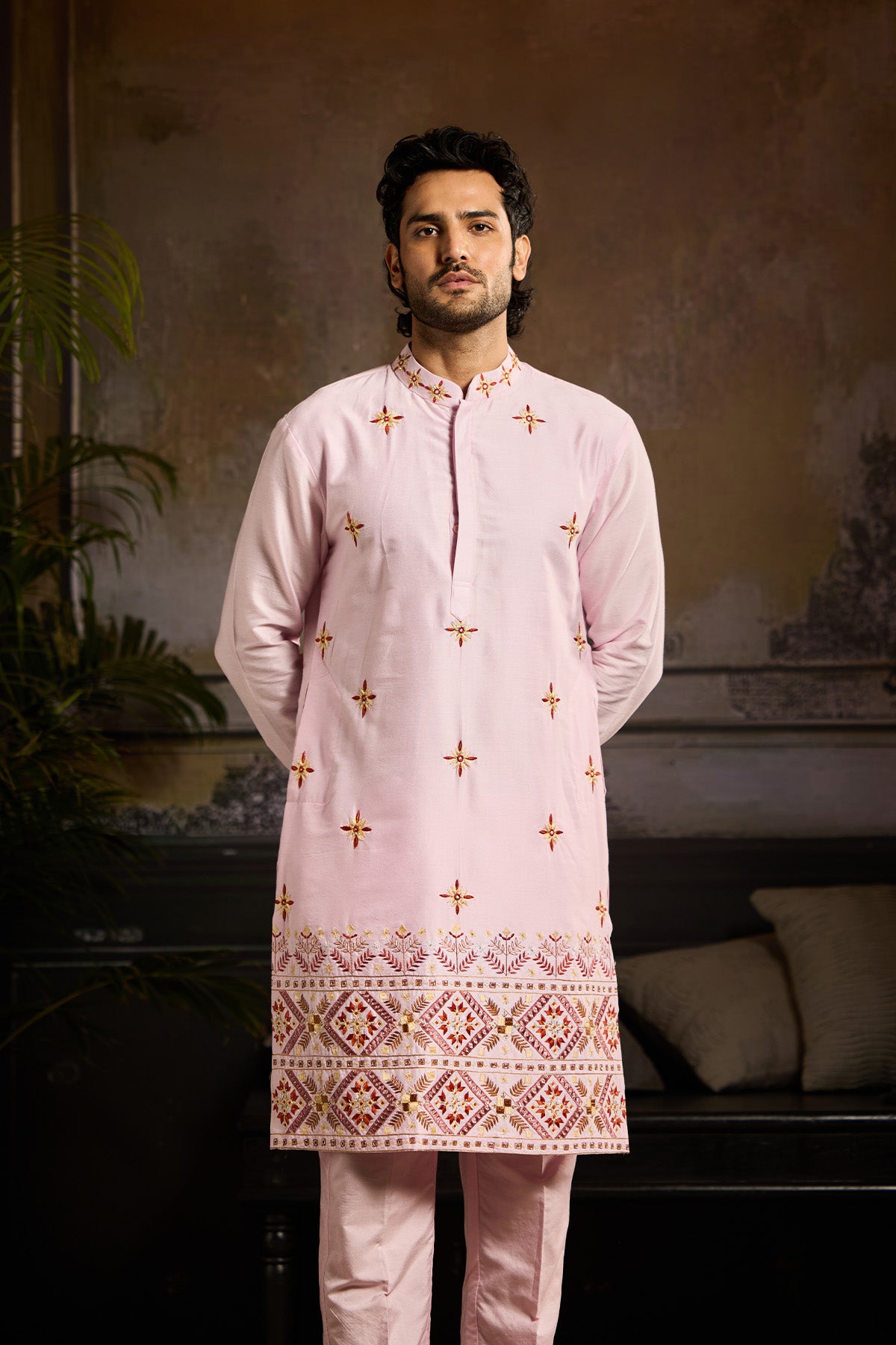 BLUSH PINK  TRIBLE EMBROIDERED KURTA PAIRED WITH BLUSH PINK PANTS