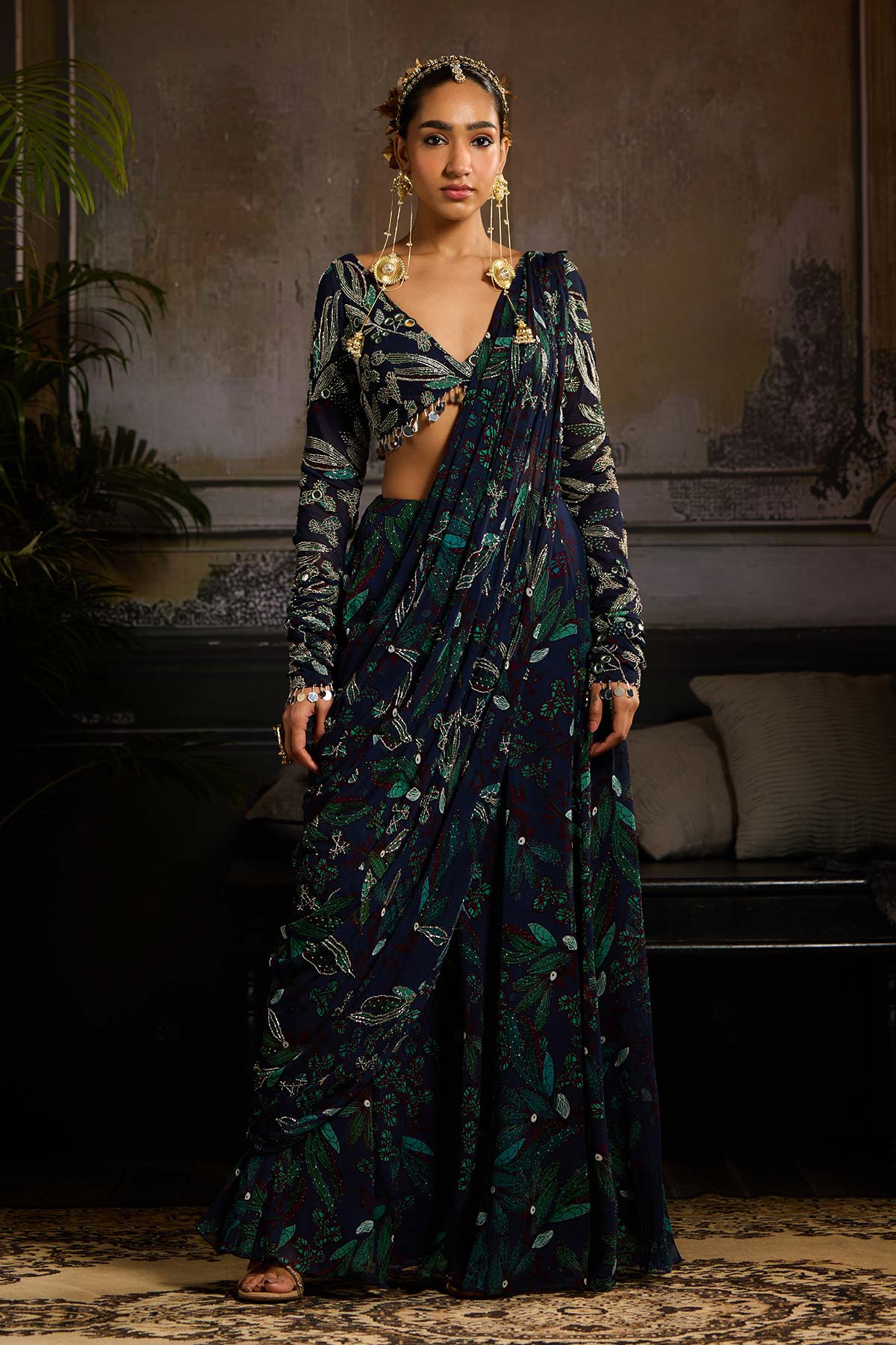 Dark Blue Print and Highlighted Draped Saree Set