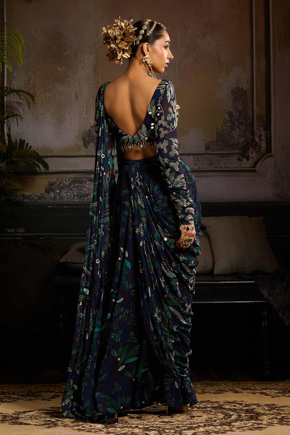 Dark Blue Print and Highlighted Draped Saree Set